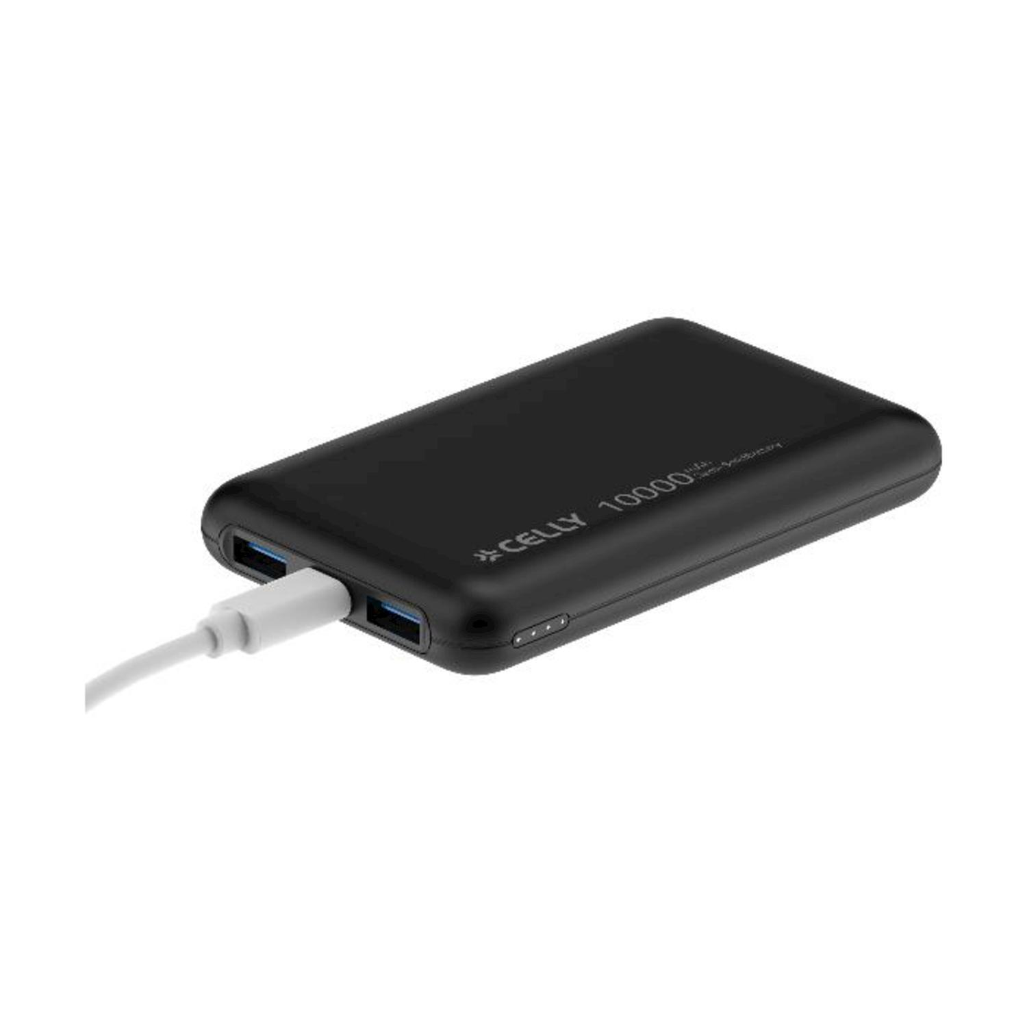 Power bank CELLY nera da 10000mAh con cavo USB bianco inserito.