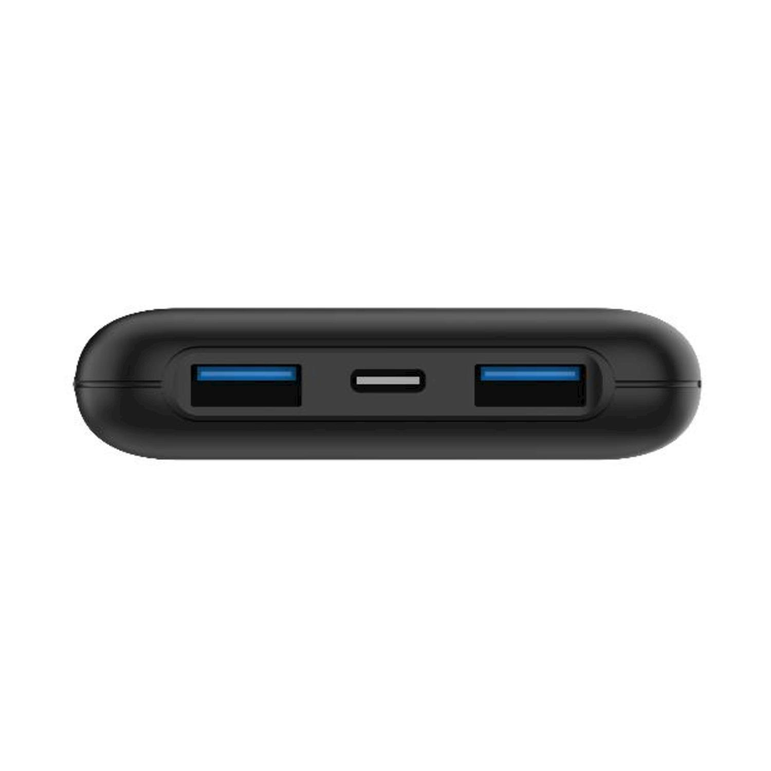 Dispositivo power bank nero con due porte USB-A e una porta USB-C.
