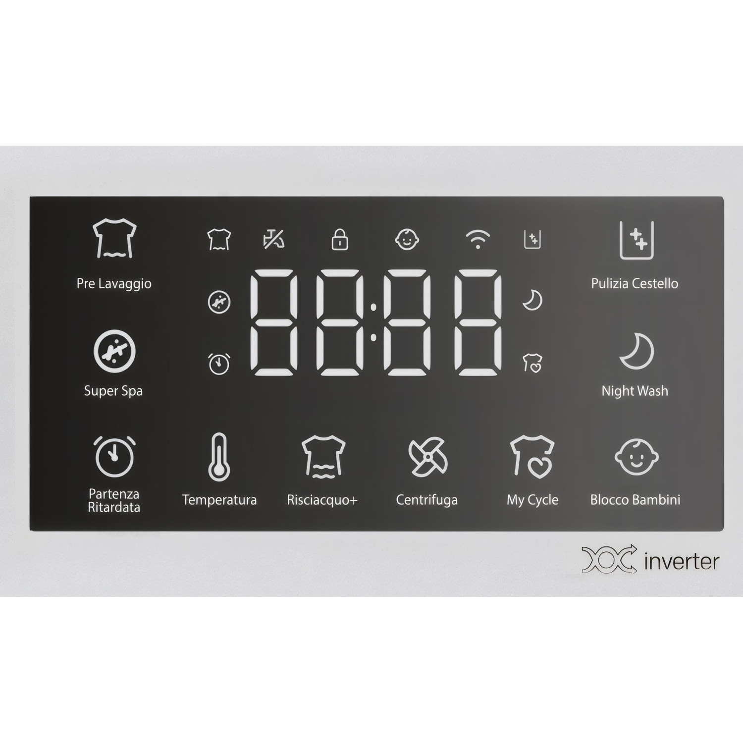 Pannello di controllo lavatrice con display digitale e icone.