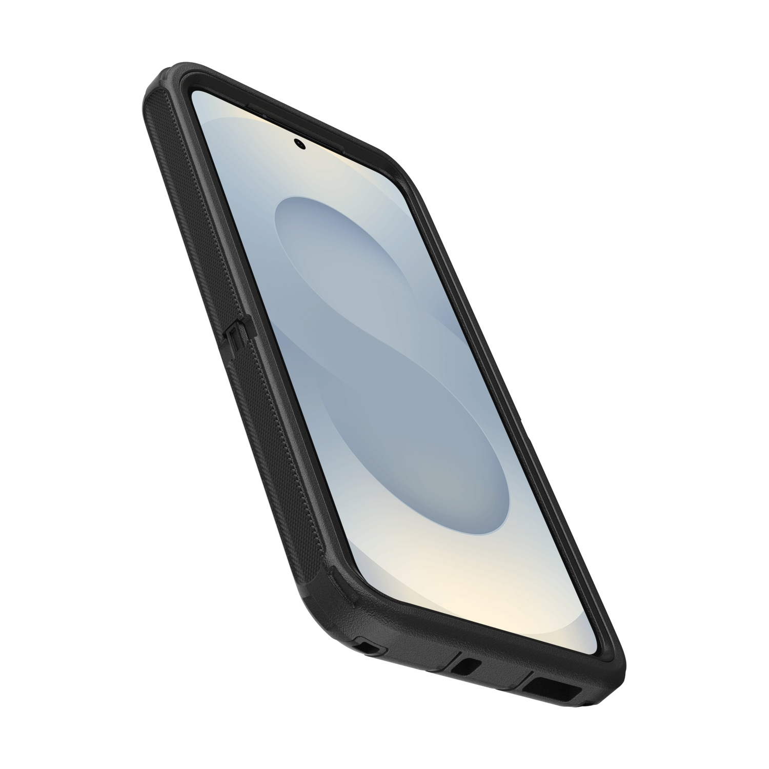 Smartphone nero in custodia protettiva, angolato su sfondo bianco.