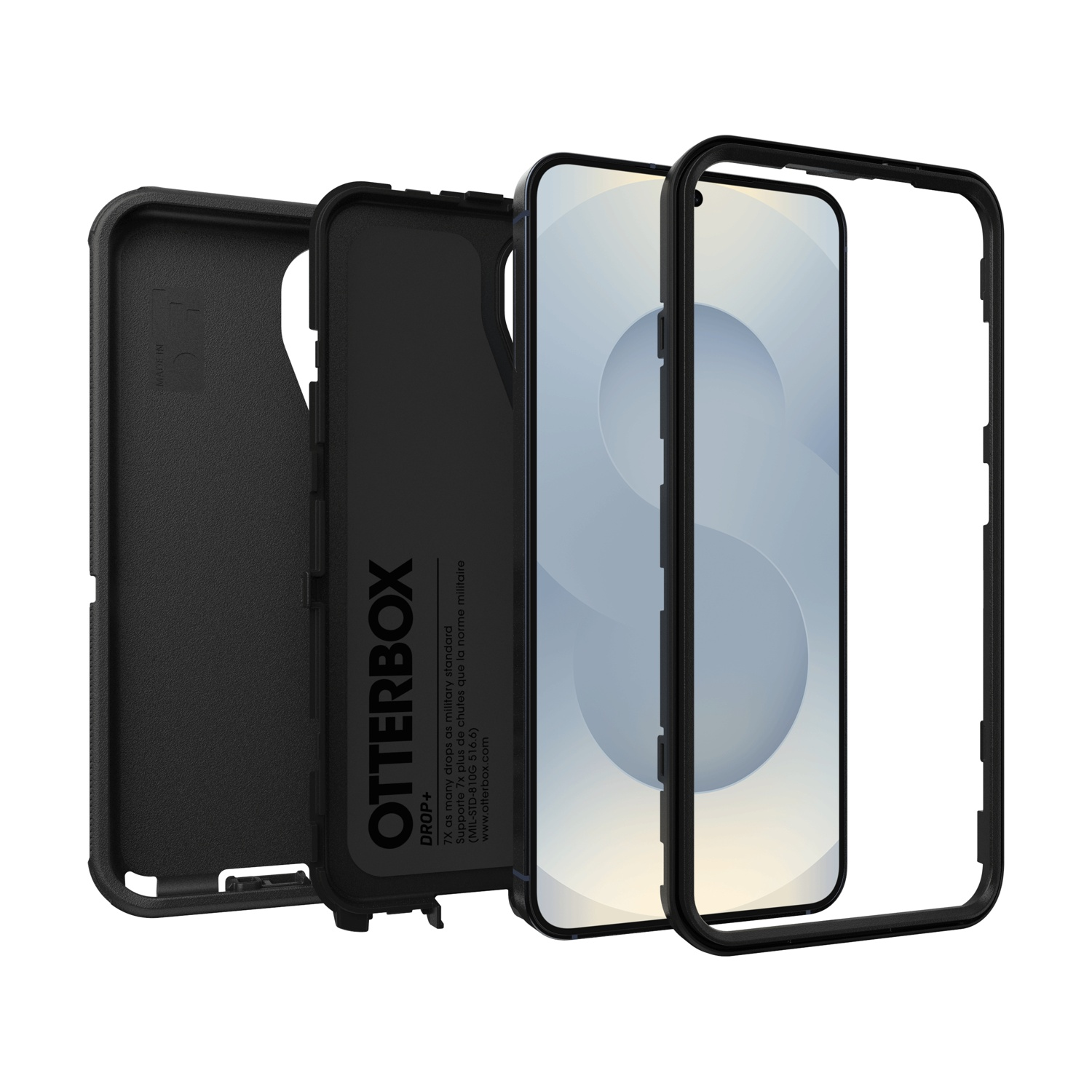 Set di custodie Otterbox nere con vista telefono.
