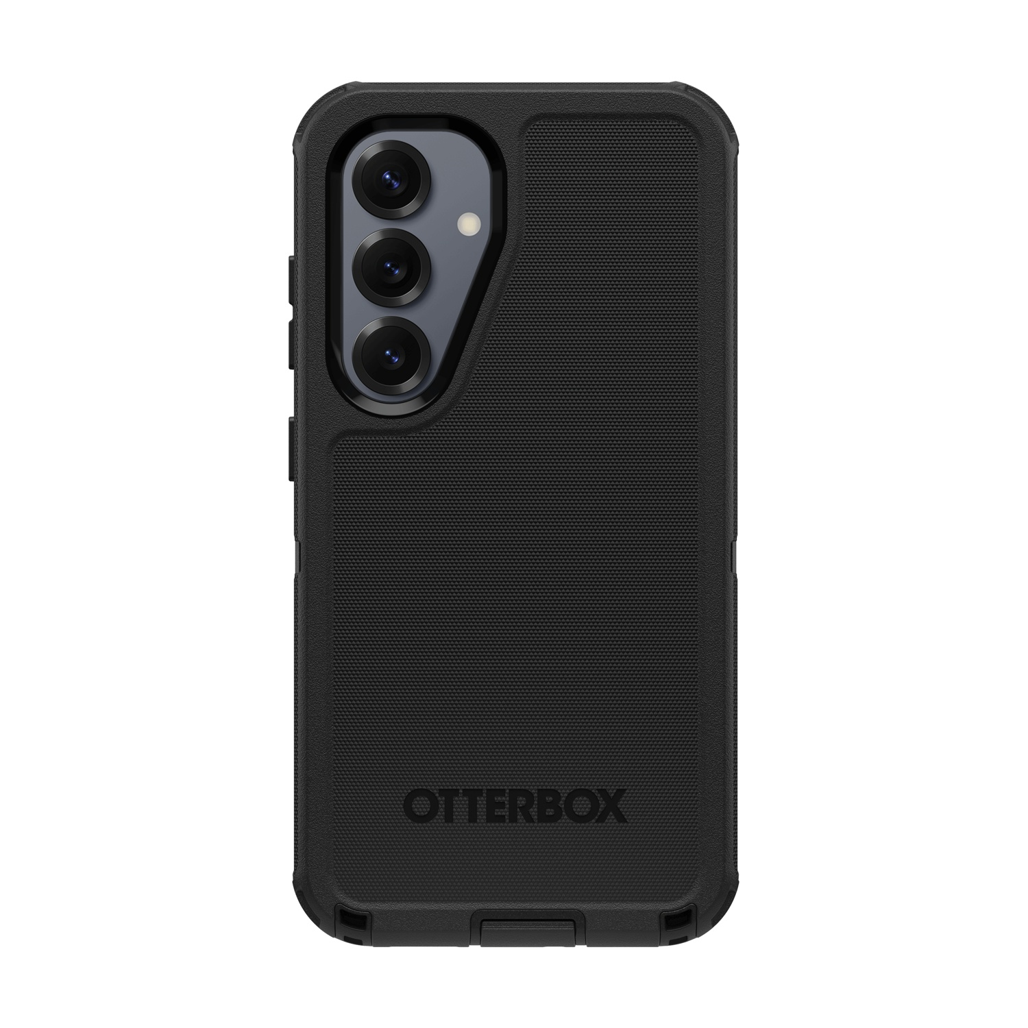 Telefono nero con tre fotocamere e logo Otterbox sul retro.