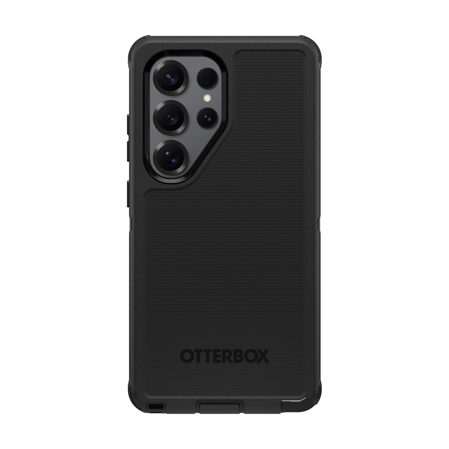 Telefono nero con custodia Otterbox, mostra modulo fotocamera a quattro lenti.