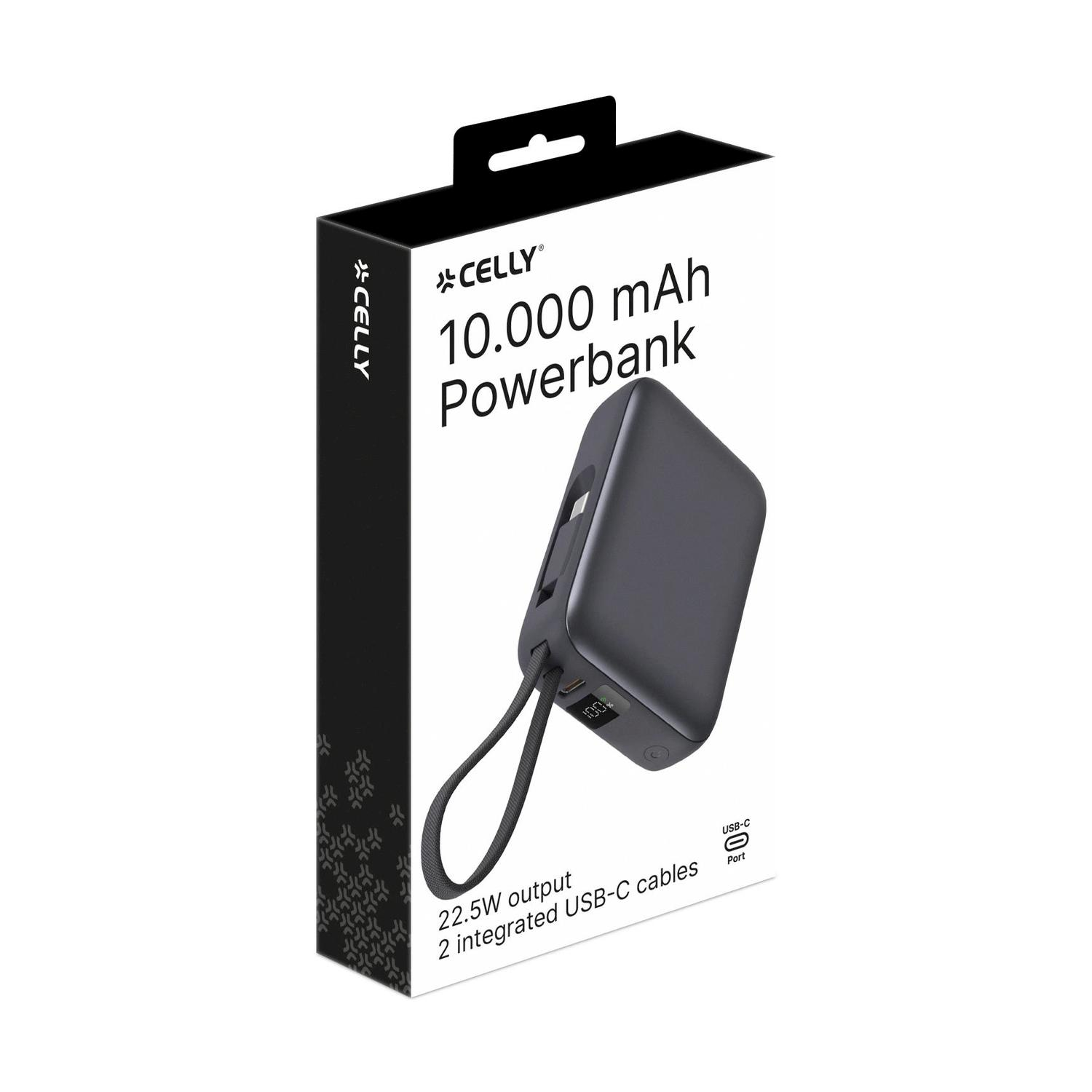 Powerbank Celly da 10000 mAh con uscita 22,5W e 2 cavi USB-C.