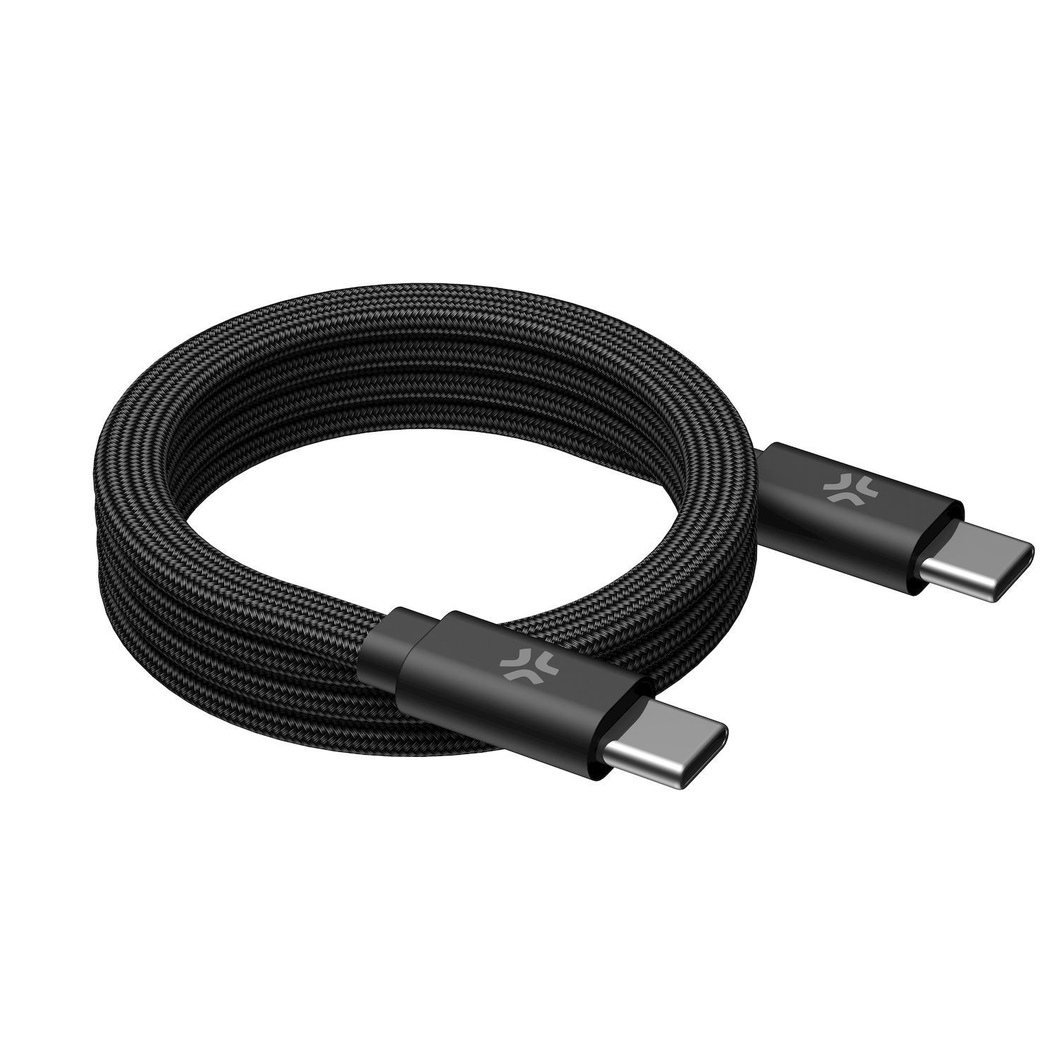 Un cavo USB-C nero, arrotolato, con due connettori.