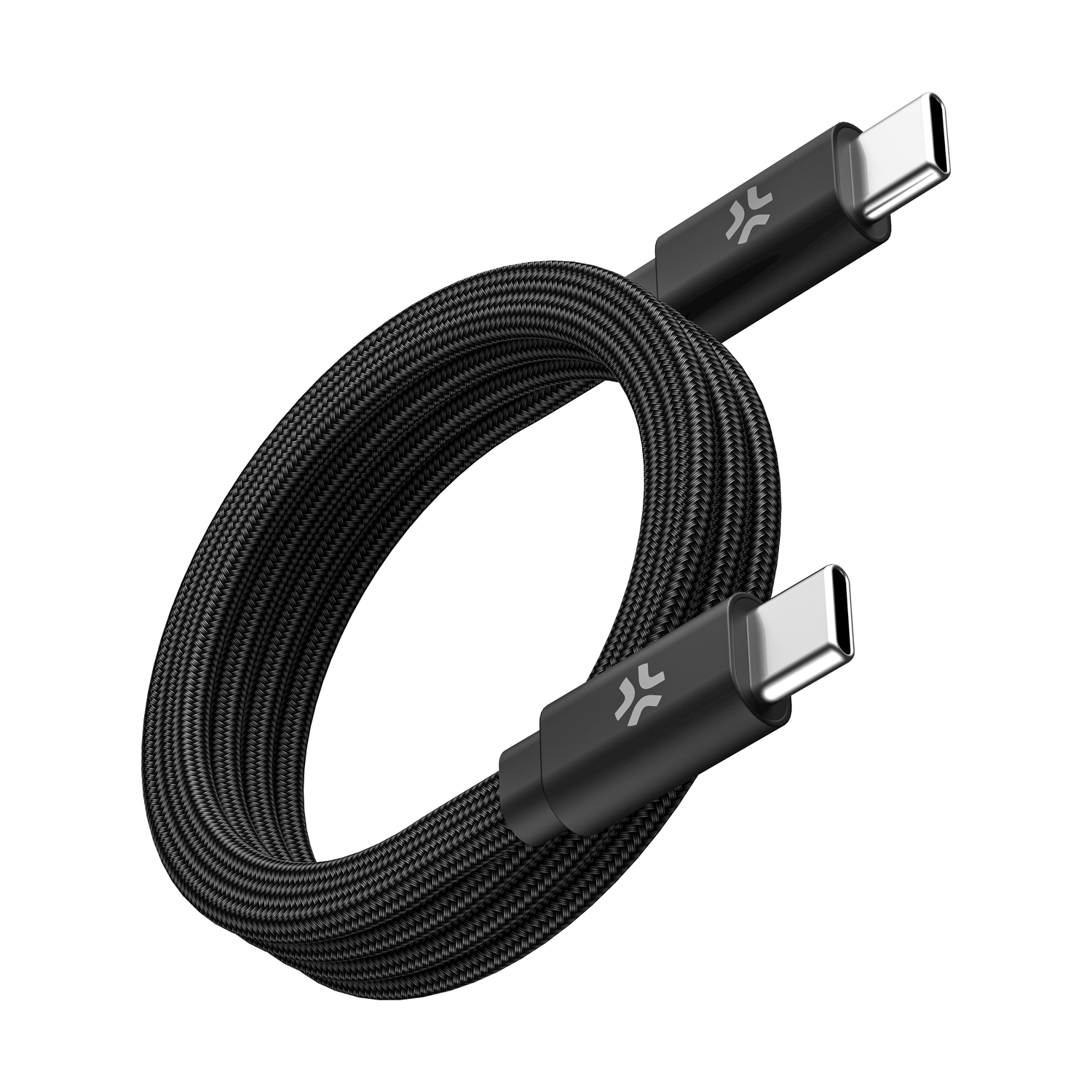 Un cavo USB-C nero intrecciato, arrotolato su sfondo bianco.