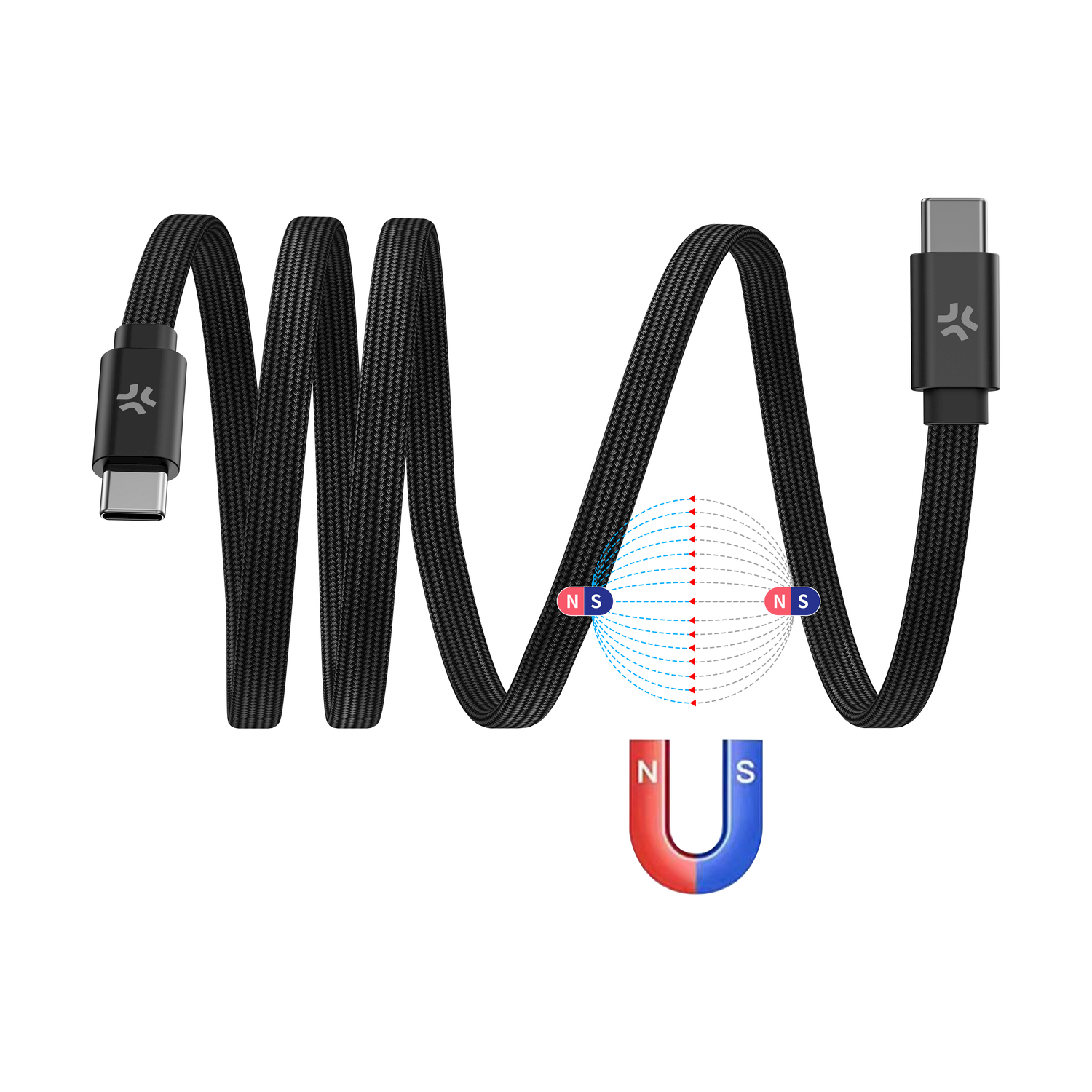 Cavo USB-C nero con linee di campo magnetico e magnete a ferro di cavallo.