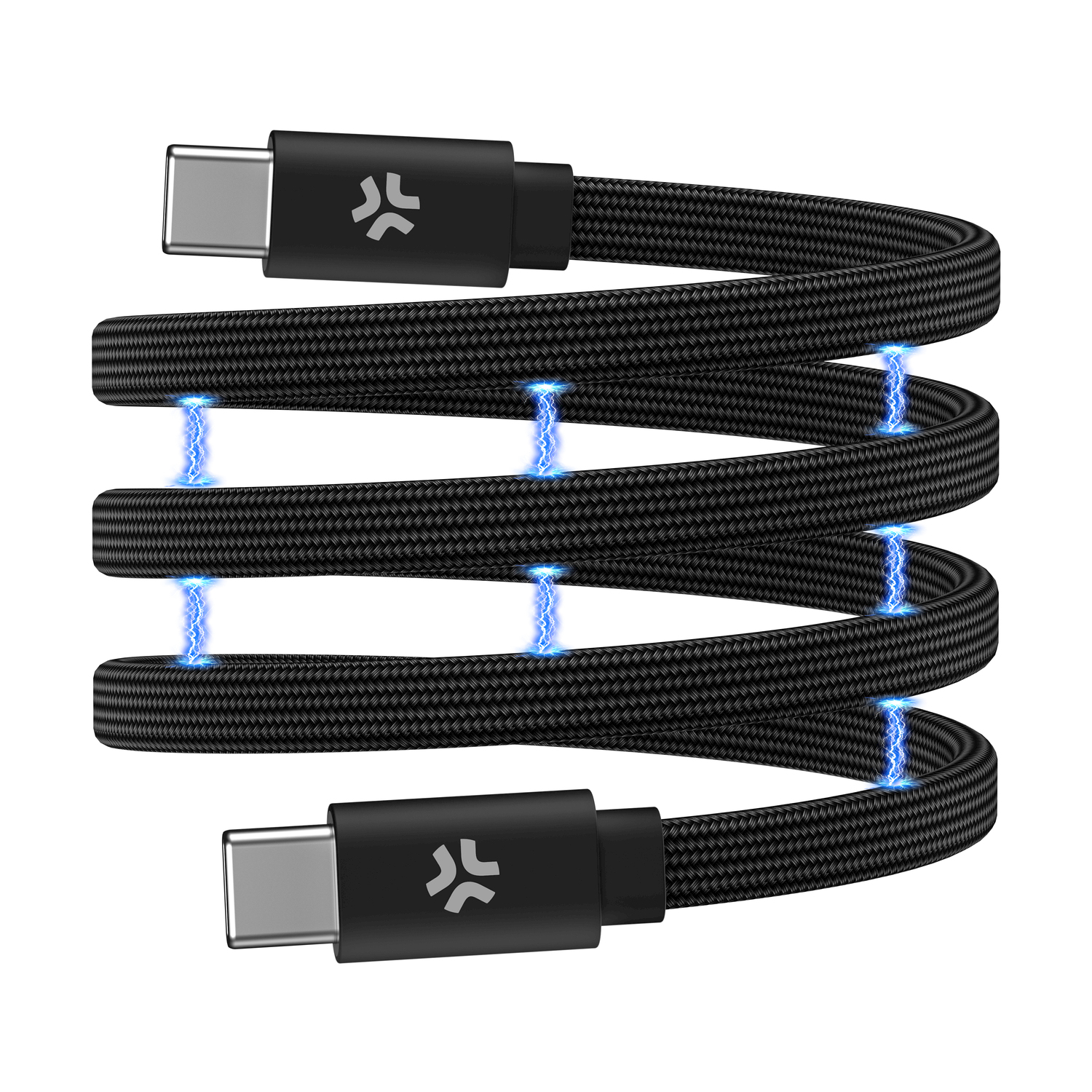 Cavo USB-C nero con connettori argentati e scintille blu.