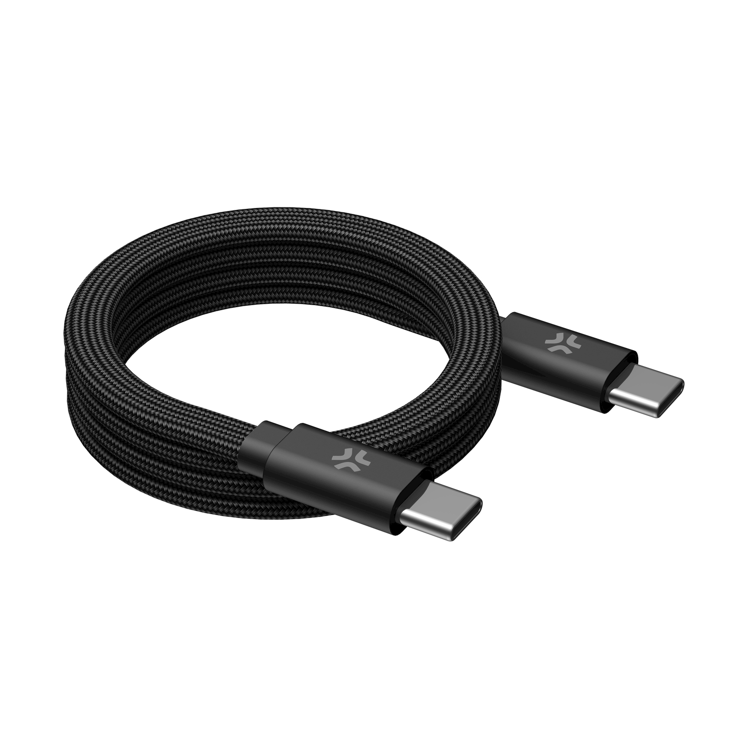Cavo USB-C nero con entrambe le estremità visibili, su sfondo bianco.