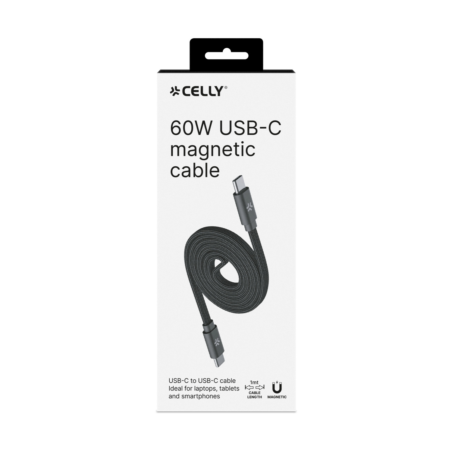 Confezione di un cavo USB-C magnetico nero da 60W con connettori argentati.
