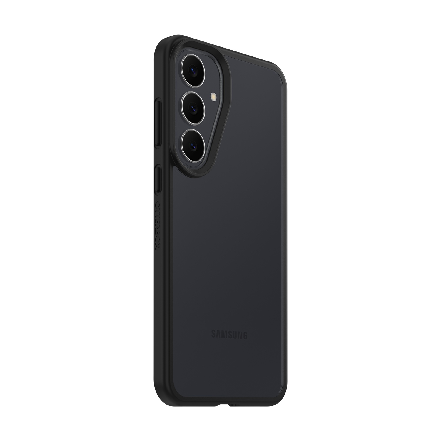 Smartphone Samsung grigio scuro con custodia Otterbox nera, tre fotocamere e pulsanti laterali.