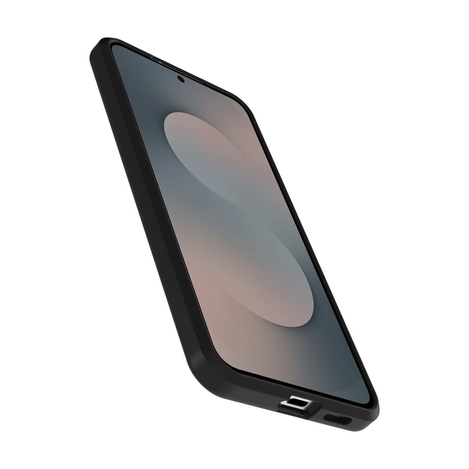 Uno smartphone nero con custodia elegante, visto di lato.
