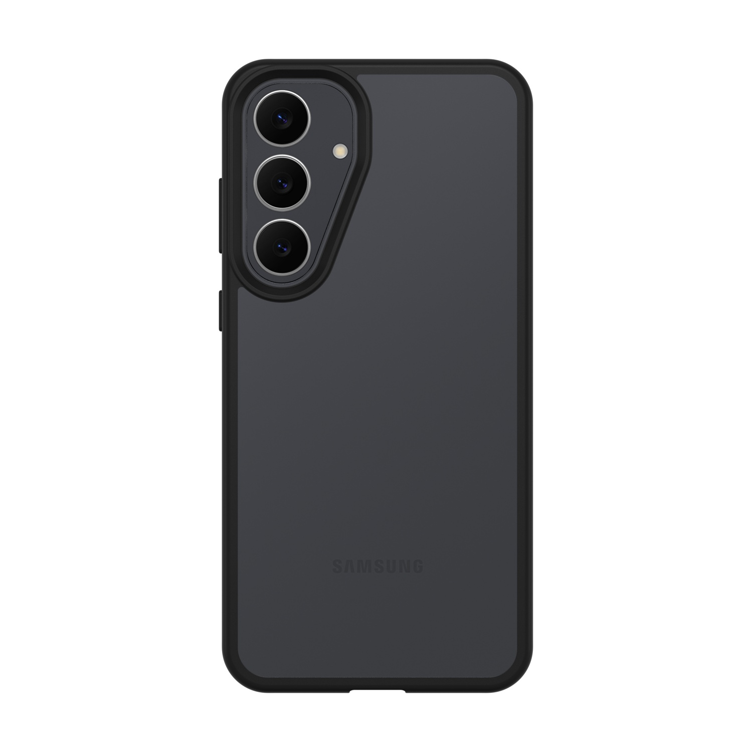 Telefono Samsung grigio scuro con tre fotocamere e bordo nero.