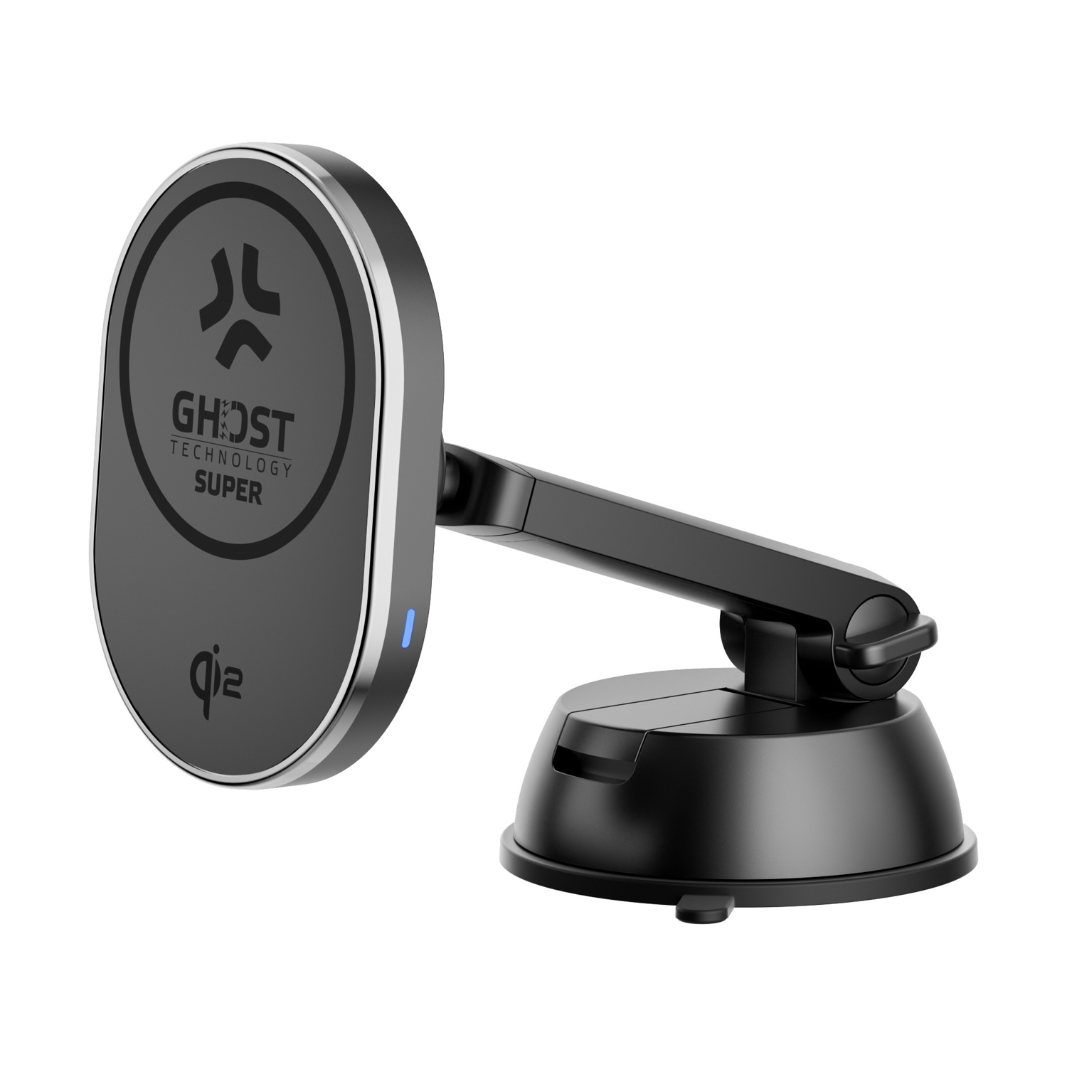 Un supporto magnetico nero per telefono con ventosa e braccio articolato.