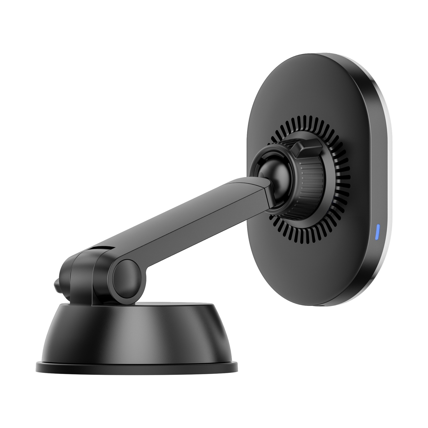 Un supporto per telefono per auto nero regolabile con ventosa e braccio snodato.
