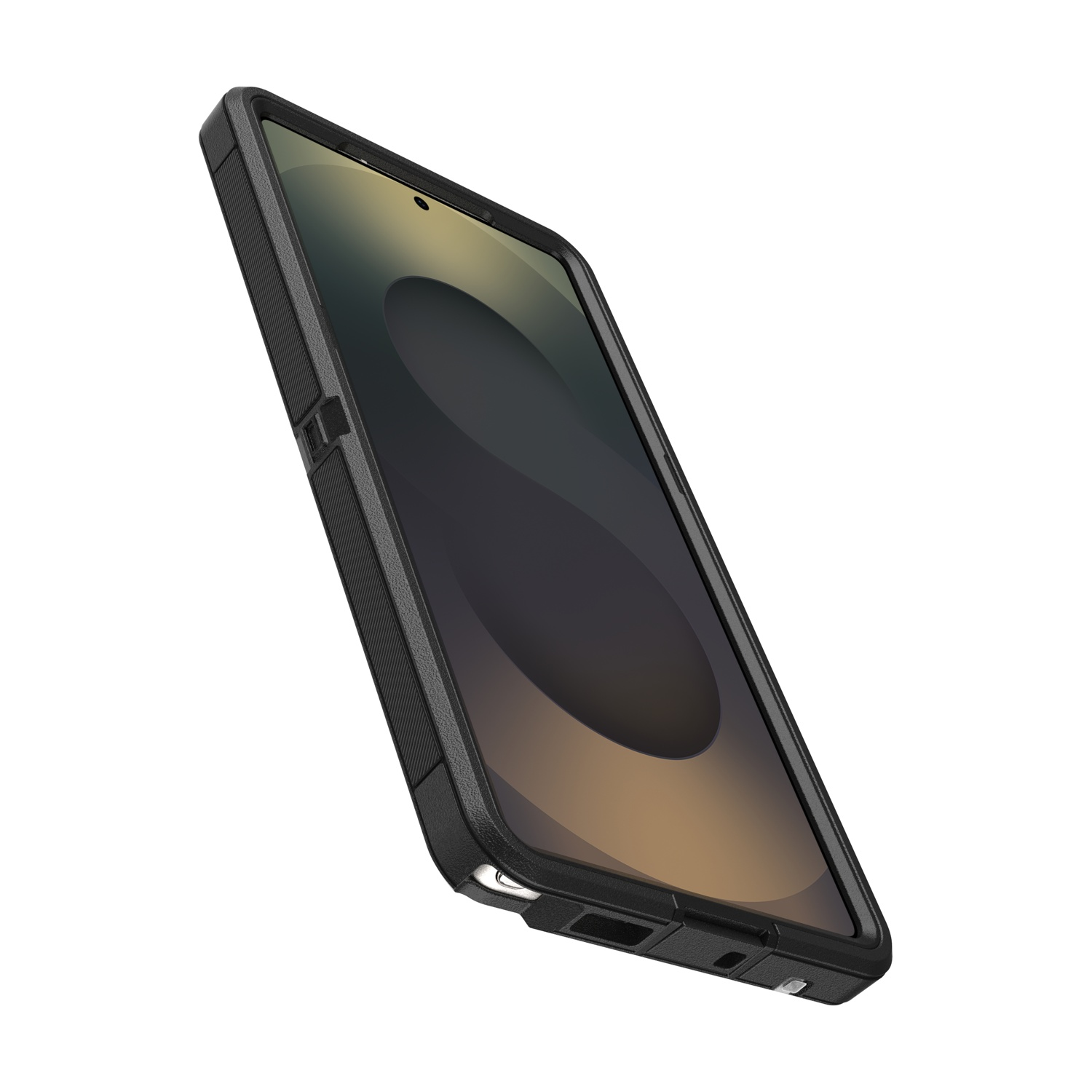 Uno smartphone nero con custodia robusta su sfondo bianco.