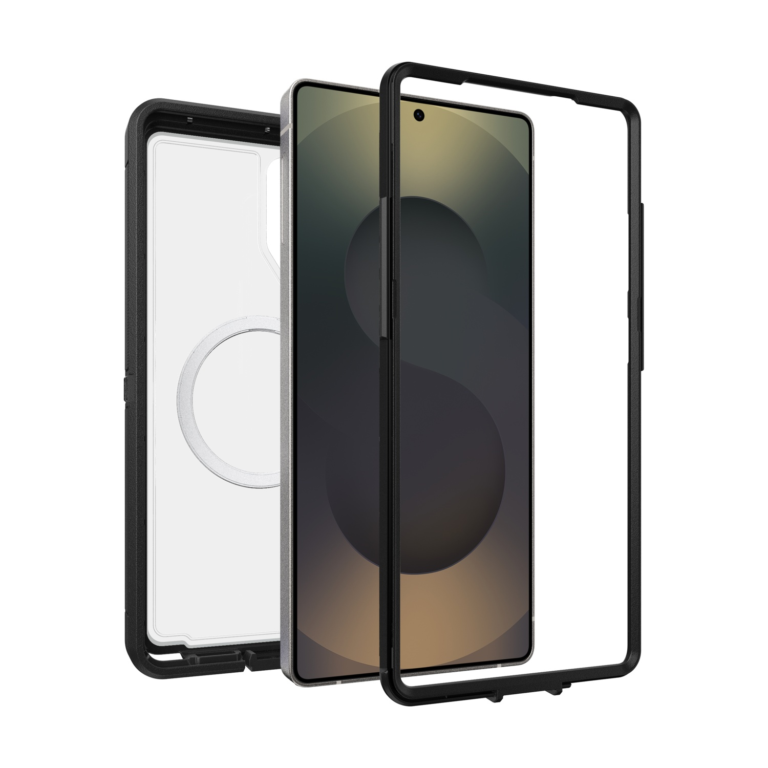 Una cornice protettiva nera, una custodia trasparente per telefono e uno smartphone su sfondo bianco.