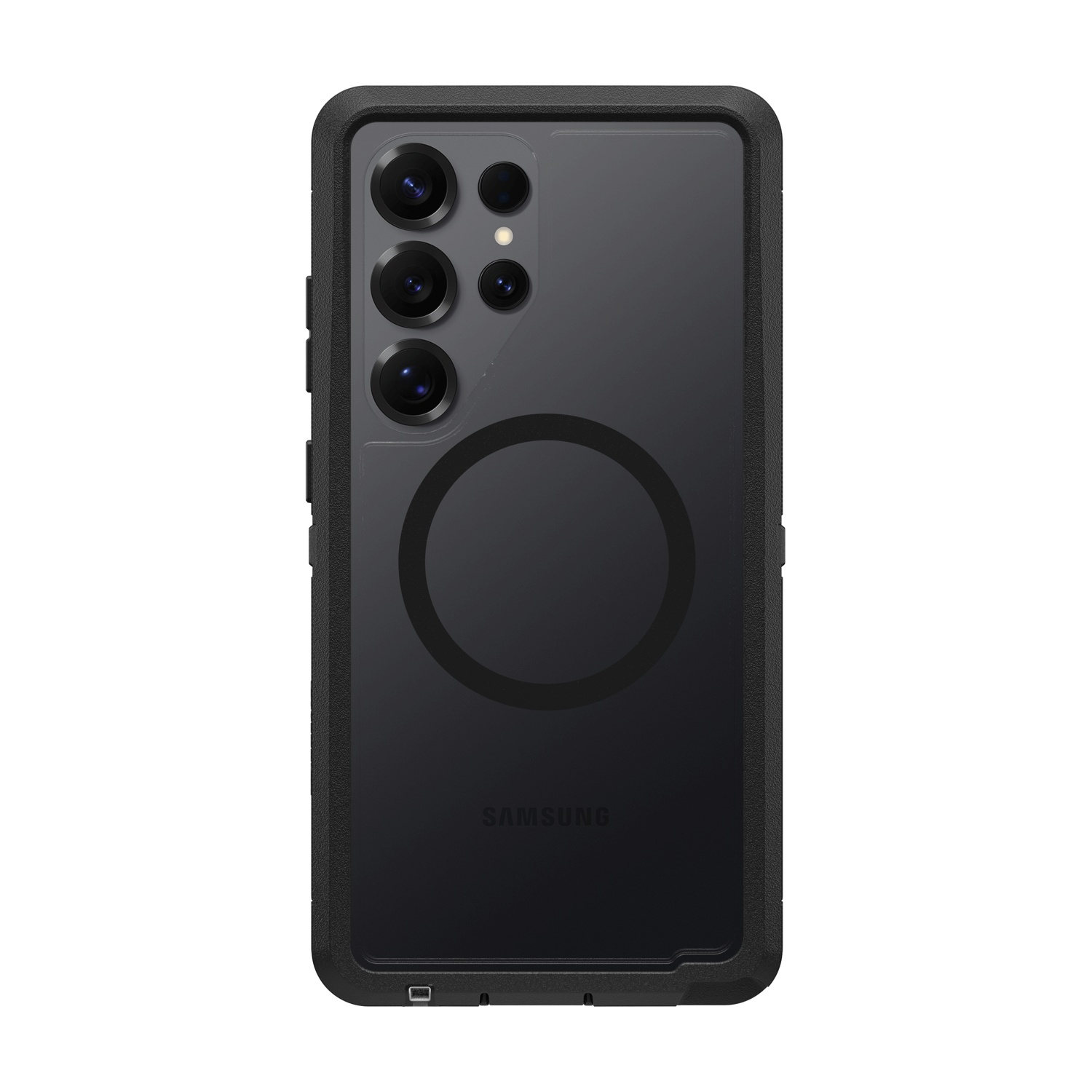 Telefono Samsung nero con quattro fotocamere e un magnete circolare sul retro.