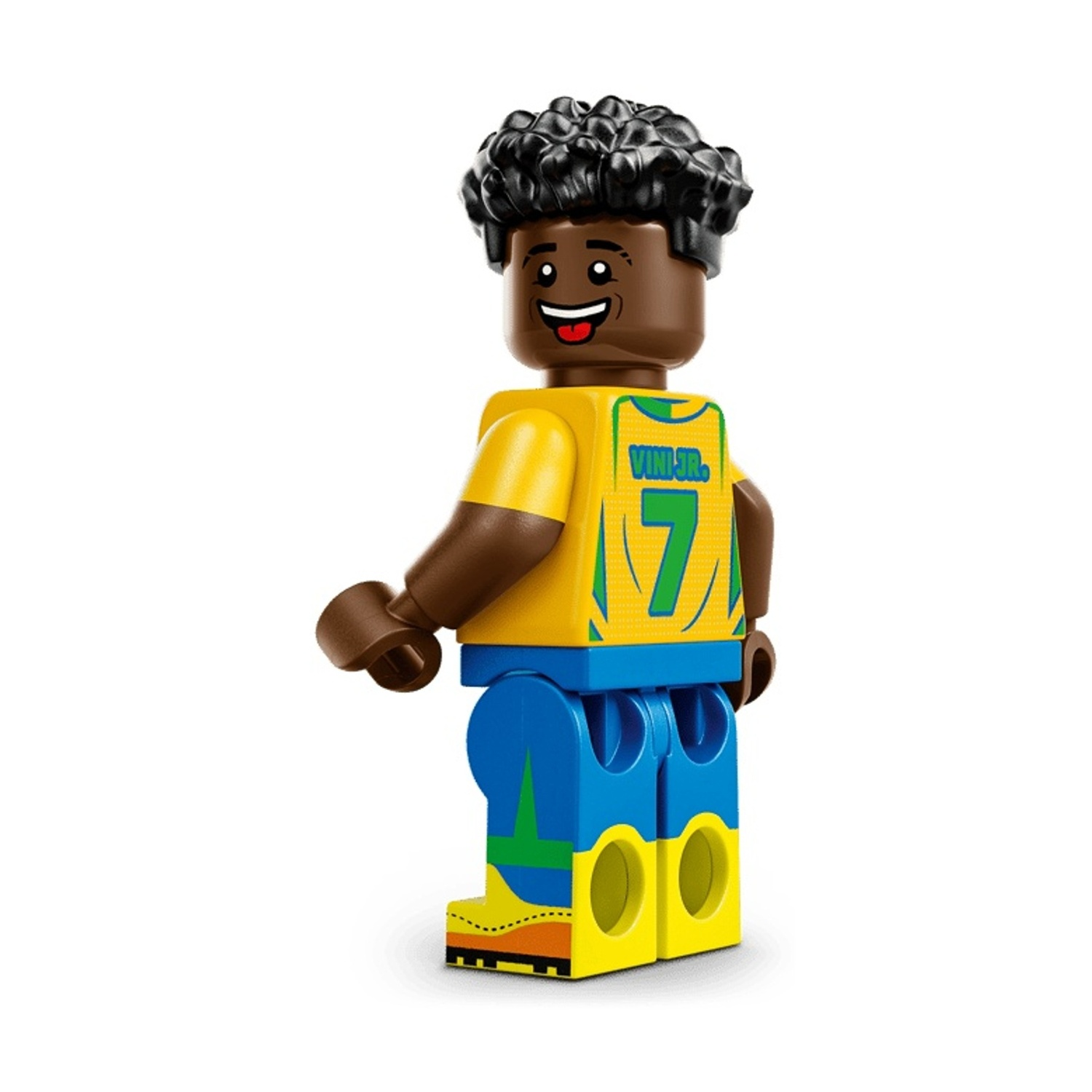 Calciatore Lego con capelli ricci, maglia gialla n. 7 e pantaloncini blu.