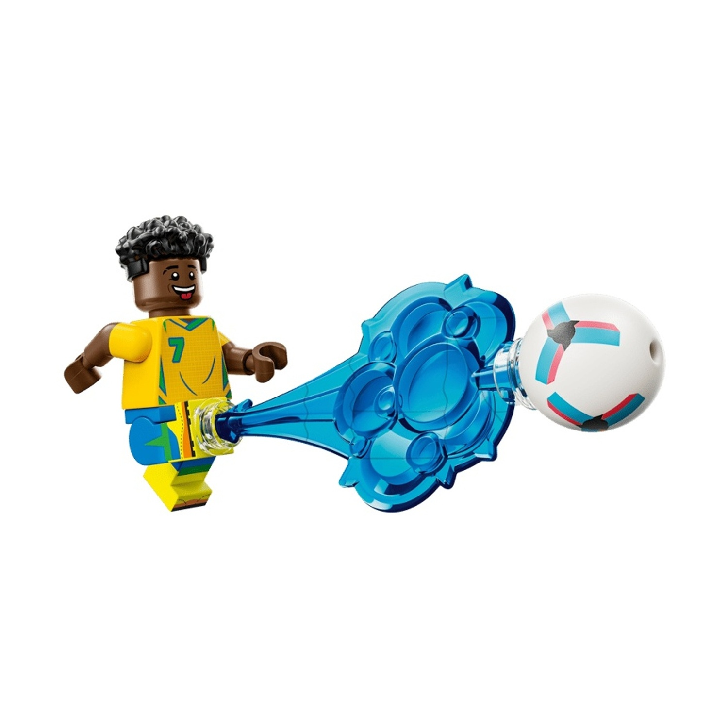 Un calciatore Lego in giallo e blu calcia un pallone con energia blu.