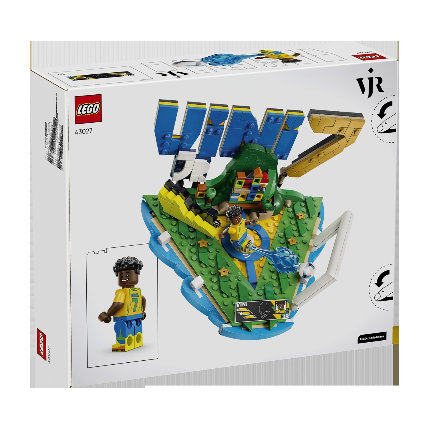 Scatola set Lego con scena di campo da calcio e minifigure di Vini Jr.