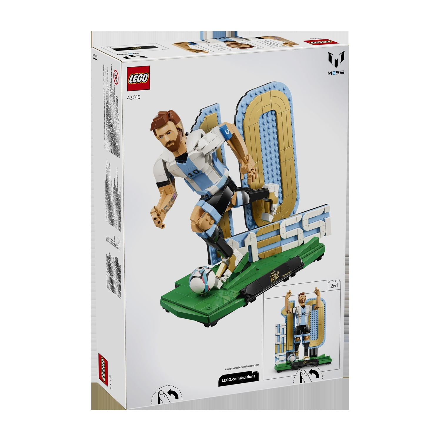 Set LEGO con Lionel Messi che gioca a calcio e una figura numero 10.