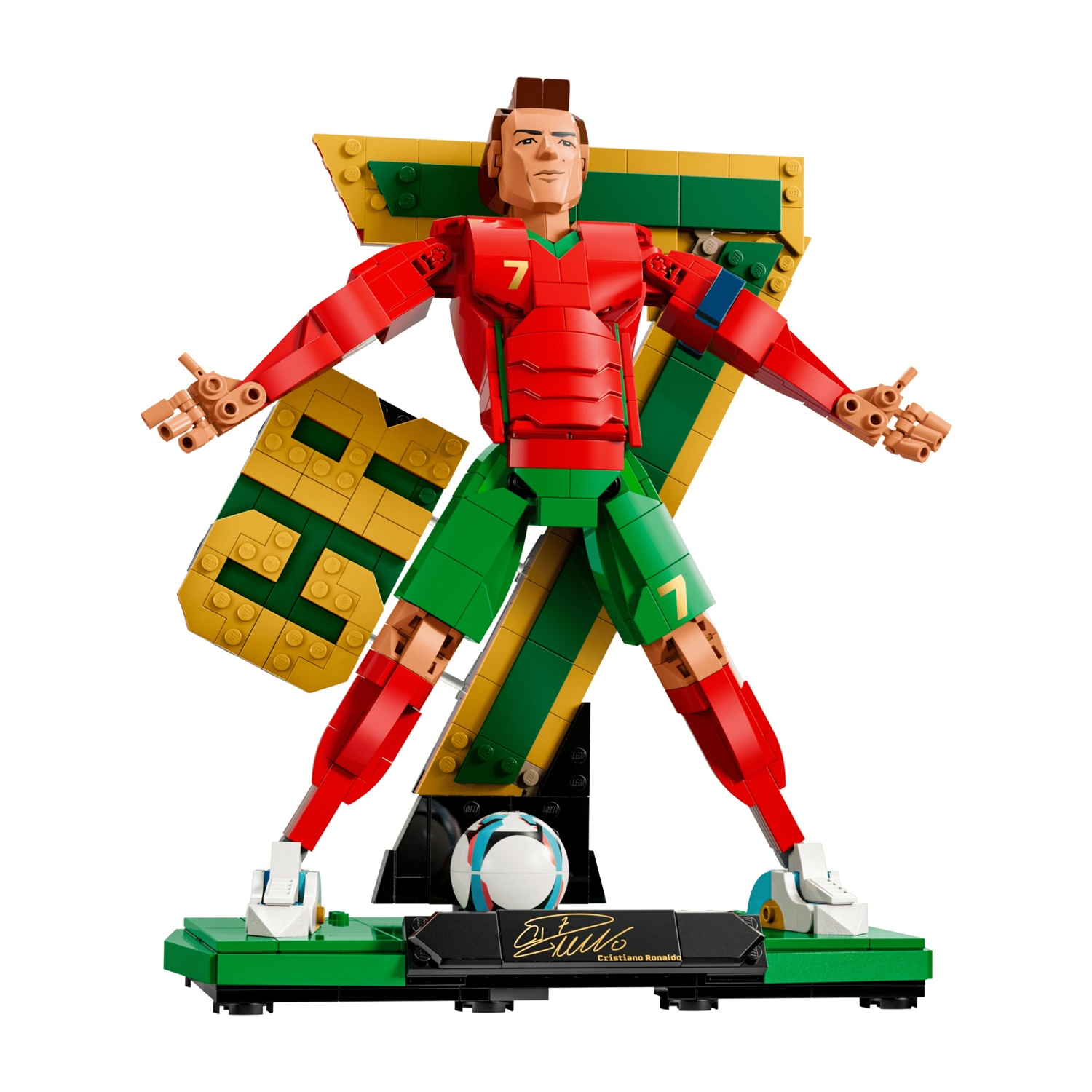 Statua Lego di Cristiano Ronaldo in divisa rossa e verde, con un grande 7 dietro.