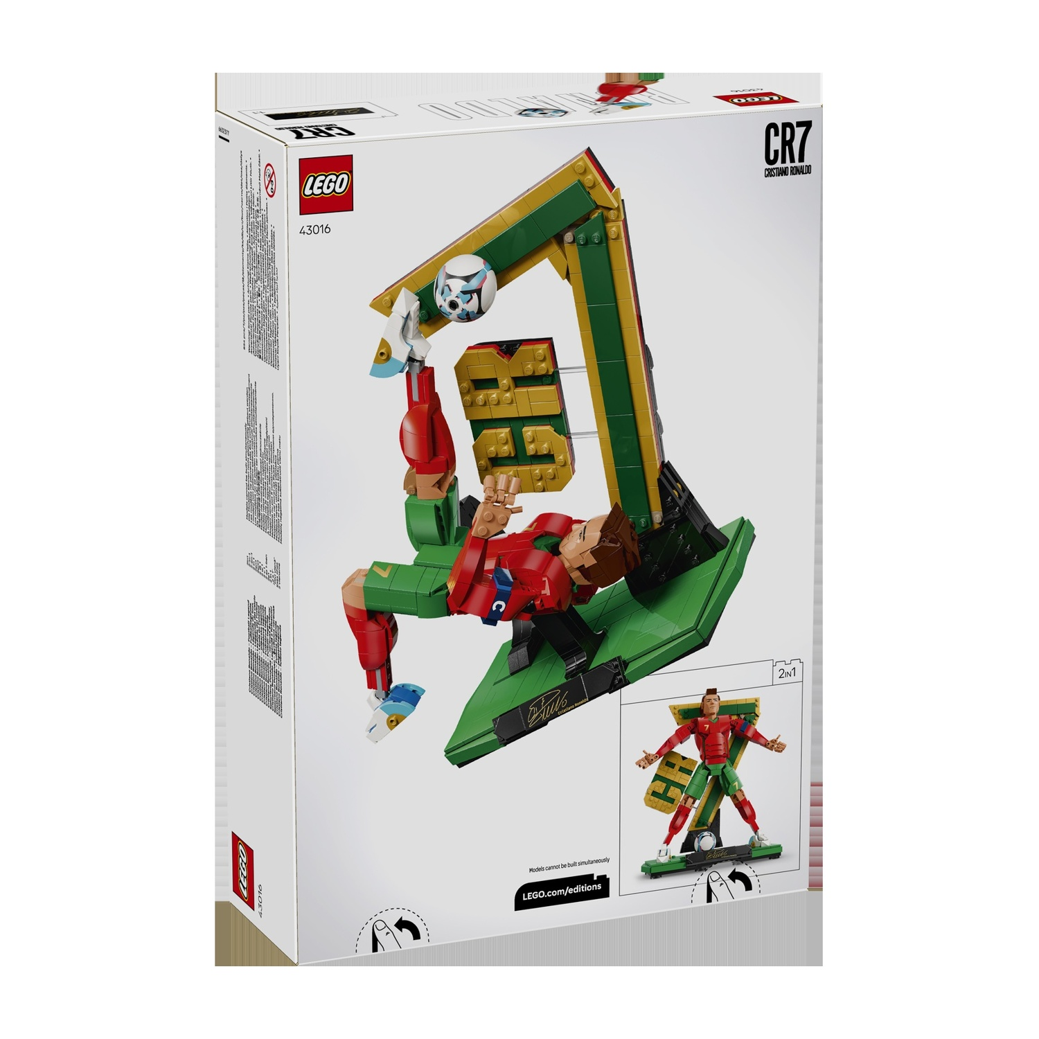 Confezione Lego con figura di Cristiano Ronaldo e costruzione di porta da calcio.