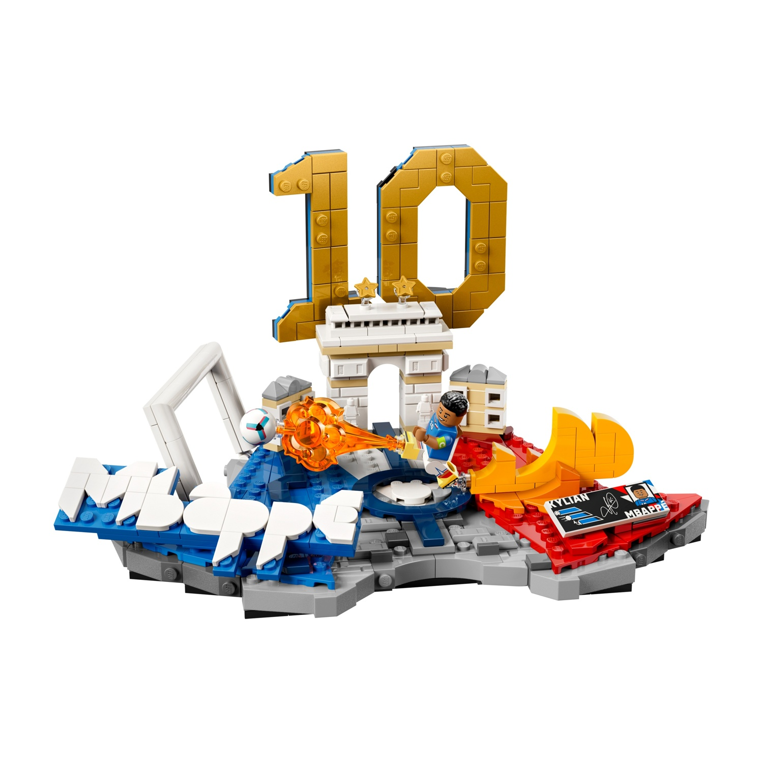 Set Lego con calciatore, porta, arco e numero 10.