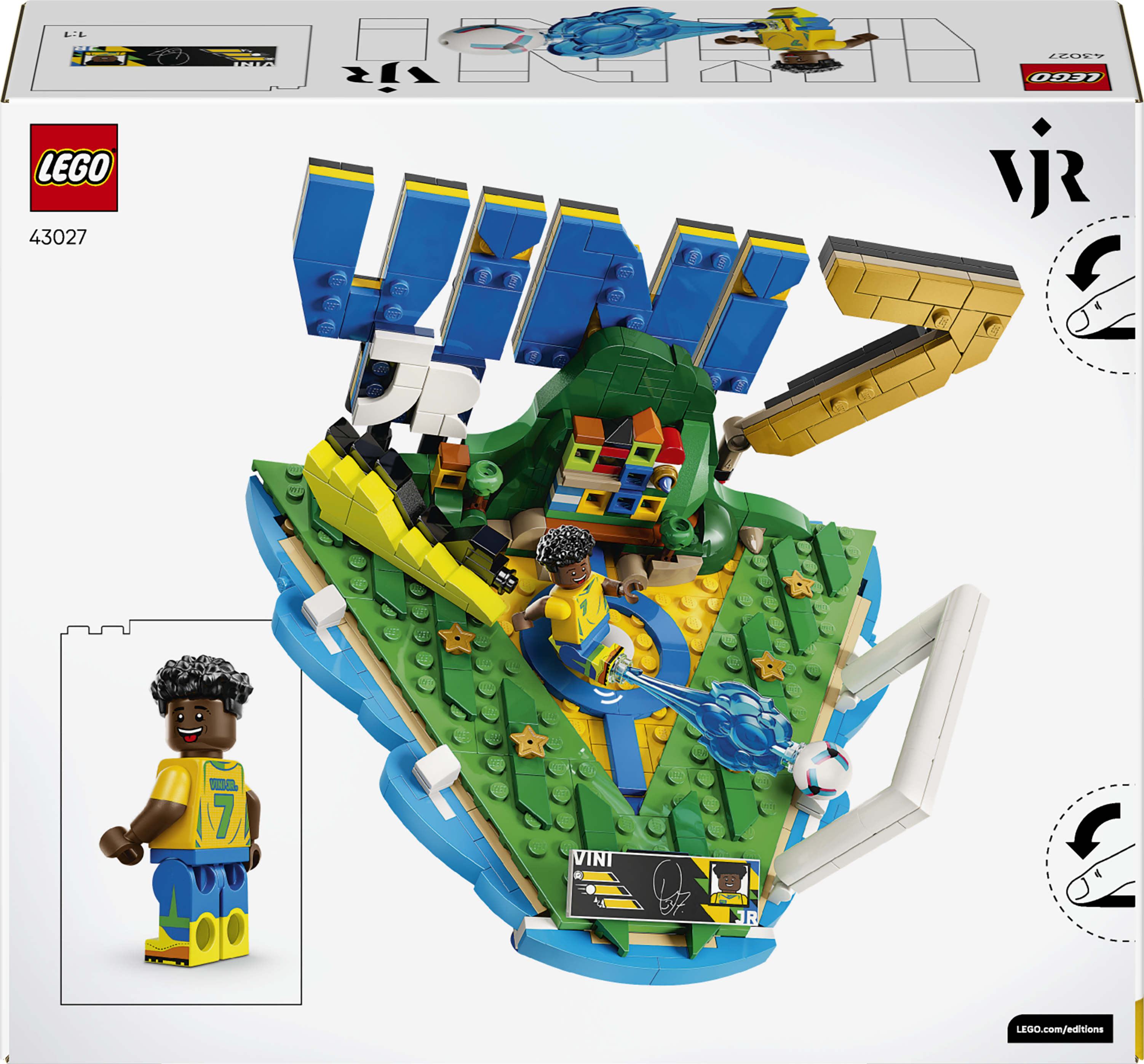 Boisko piłkarskie Lego z Vini Jr. i piłką. Niebieski, zielony i żółty.