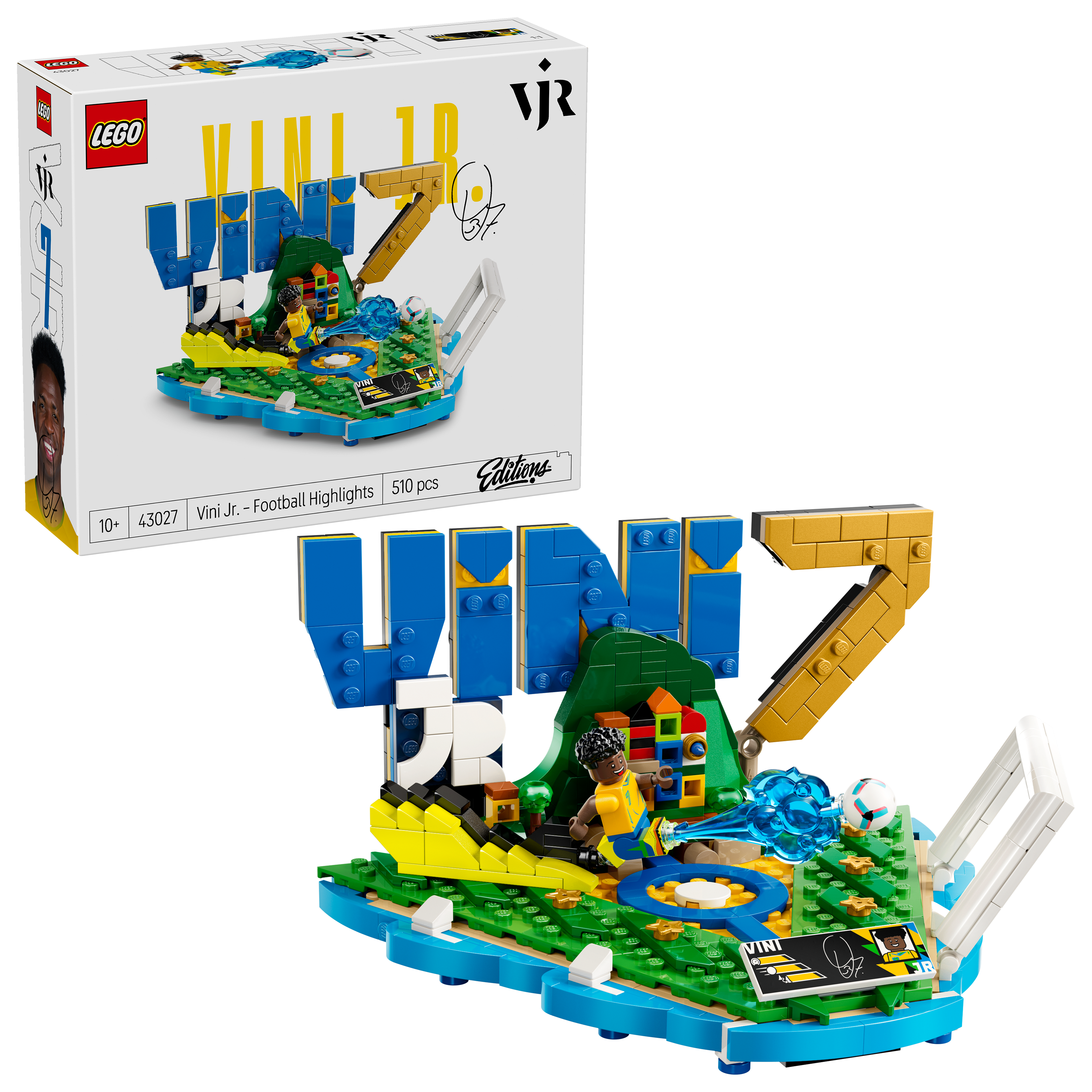 Zestaw LEGO Vini Jr. Football Highlights z boiskiem, figurką gracza i logo "VINI JR.". 