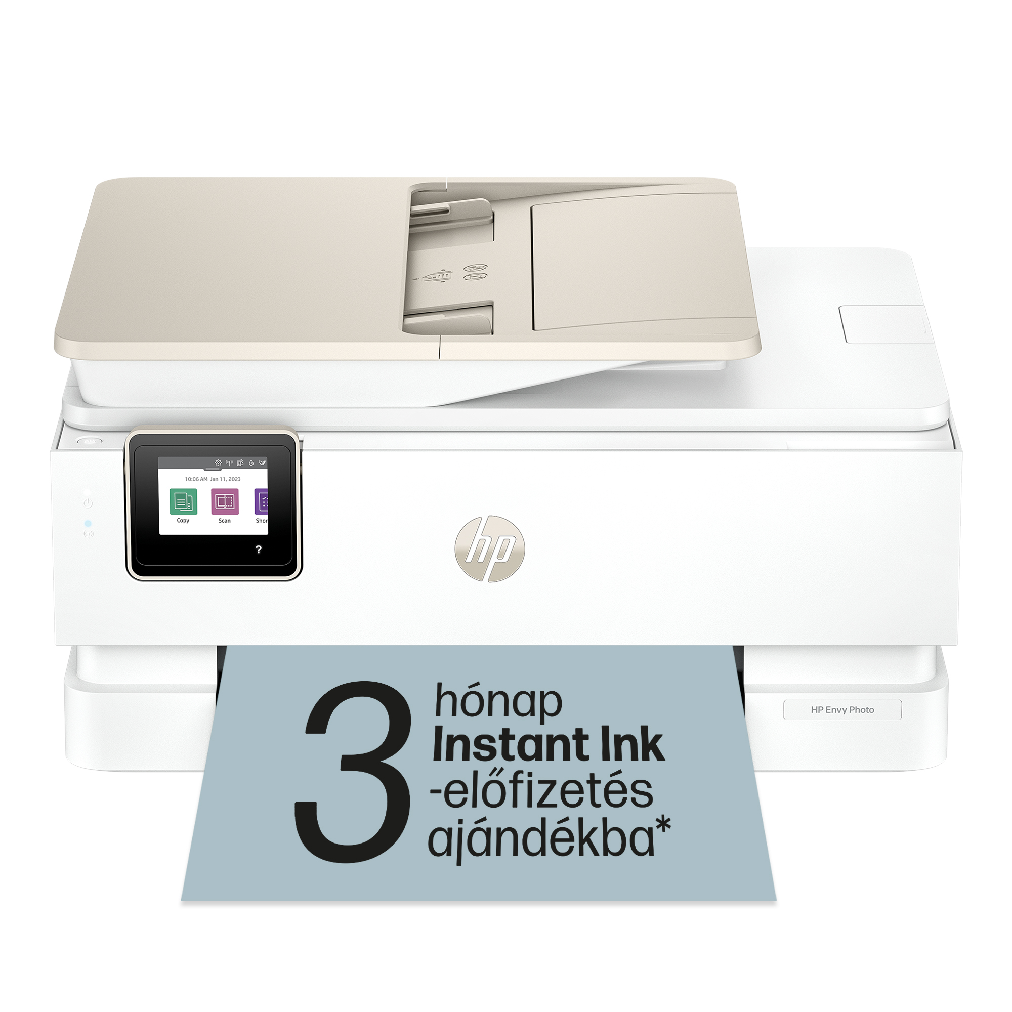 Fehér HP Envy Photo nyomtató érintőképernyővel és "3 havi Instant Ink ajándékba" feliratú papírkivonattal.