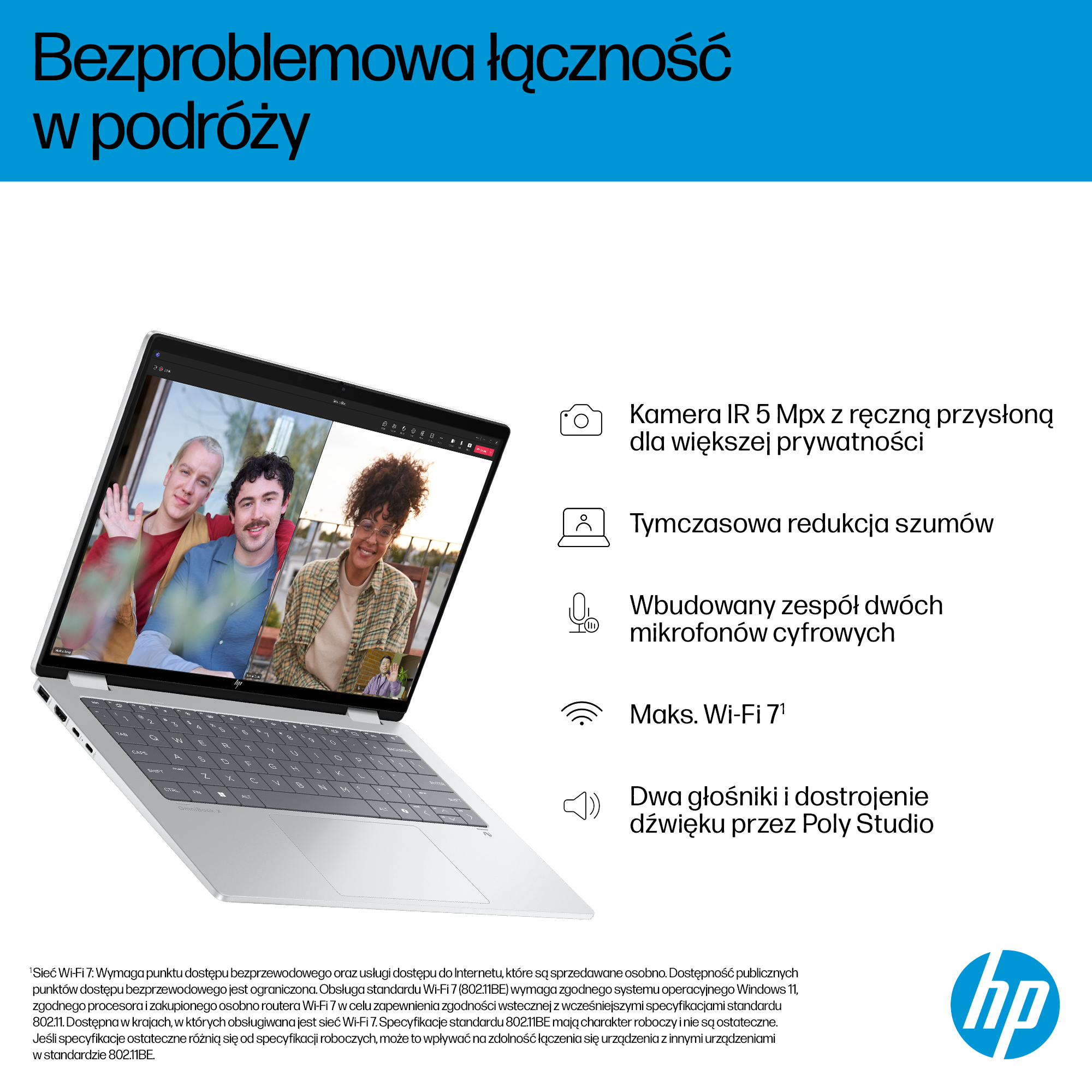 Laptop pokazuje trzy osoby na rozmowie wideo. Wymieniono funkcje.