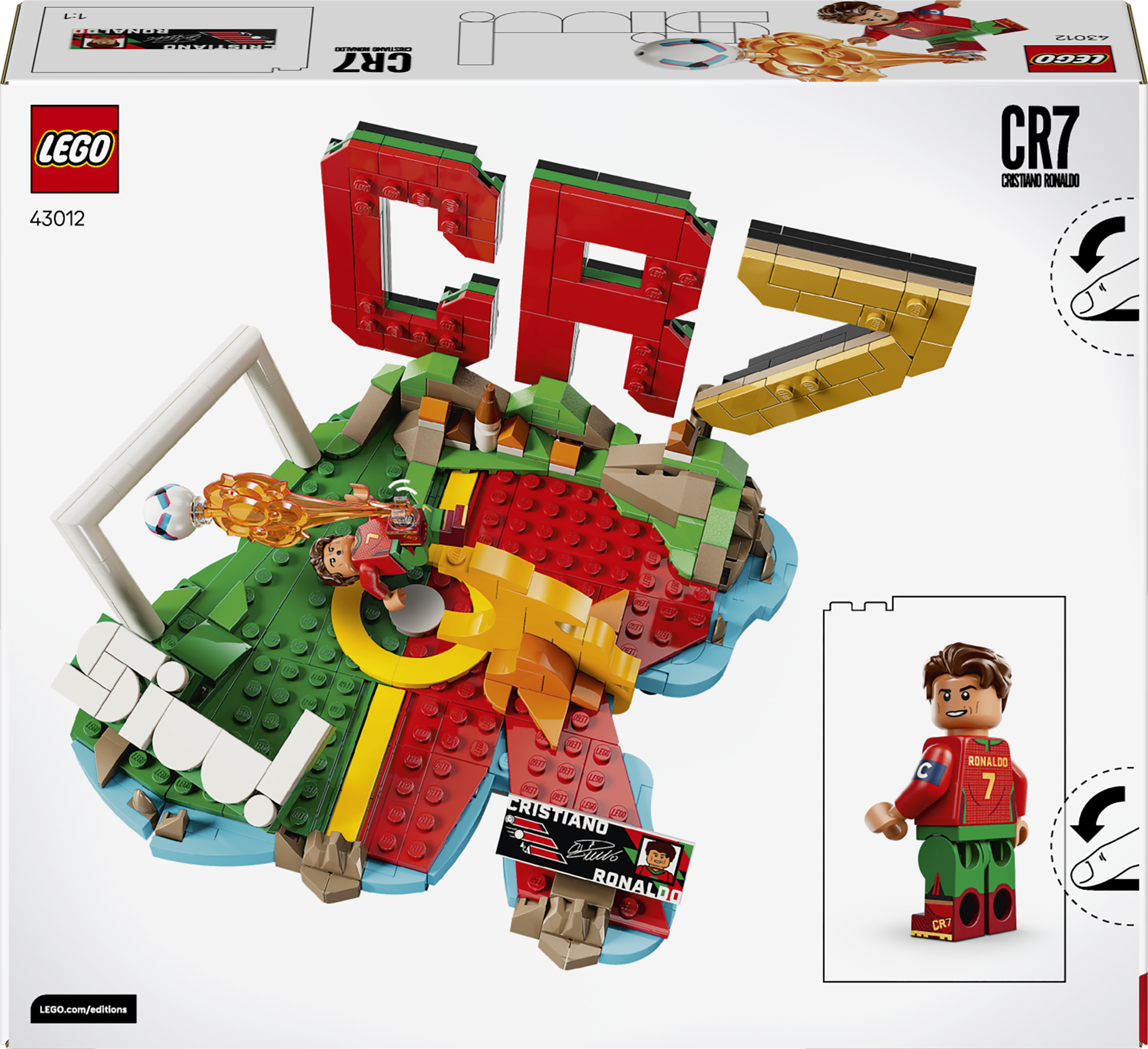 Zestaw LEGO z Cristiano Ronaldo, piłką nożną i napisem CR7.