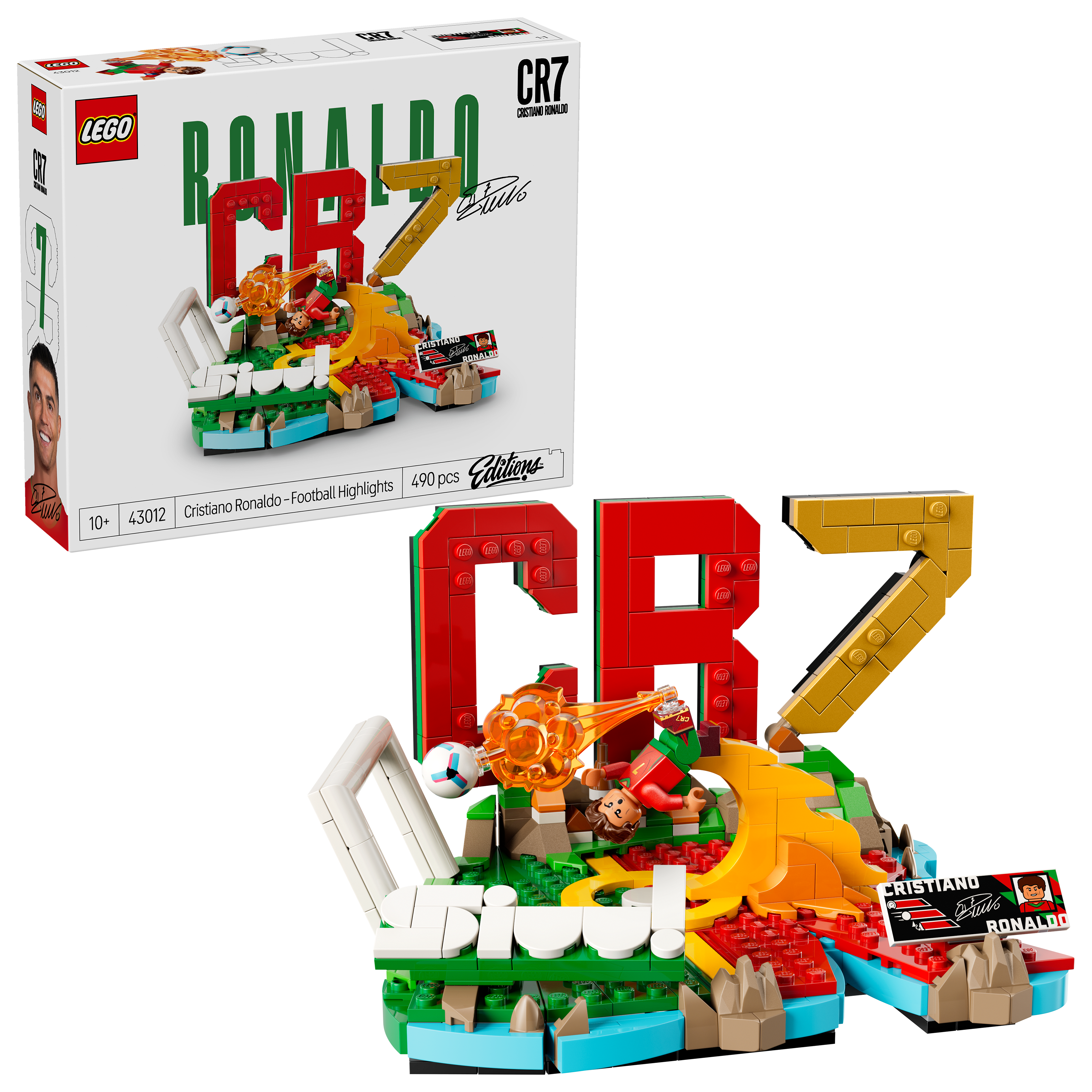 Zestaw LEGO Cristiano Ronaldo Piłkarskie Wyjątki z figurkami i napisem CR7.