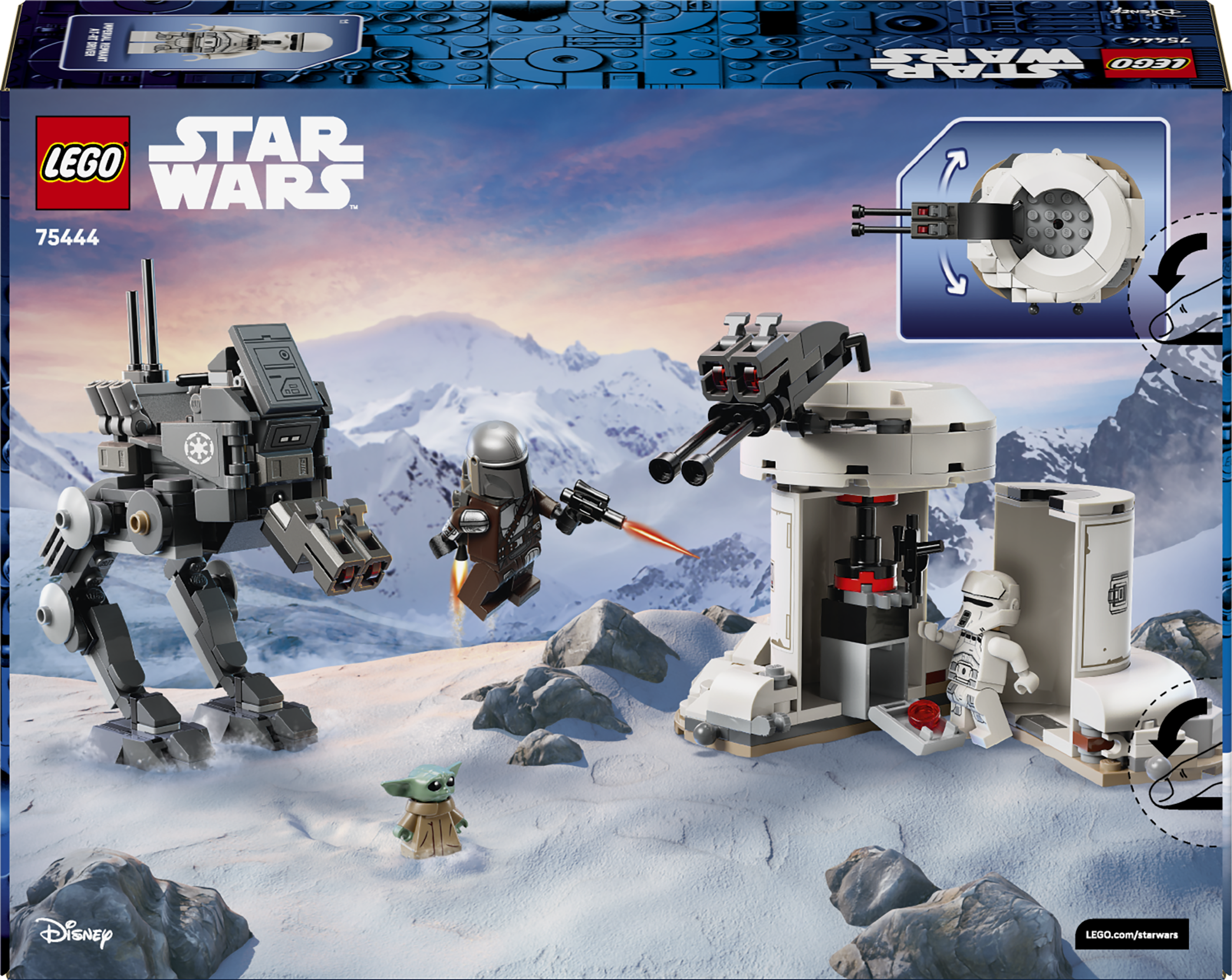 Zestaw LEGO Star Wars z Mandalorianinem, Grogu, AT-ST i wieżami śnieżnymi na zaśnieżonym terenie.