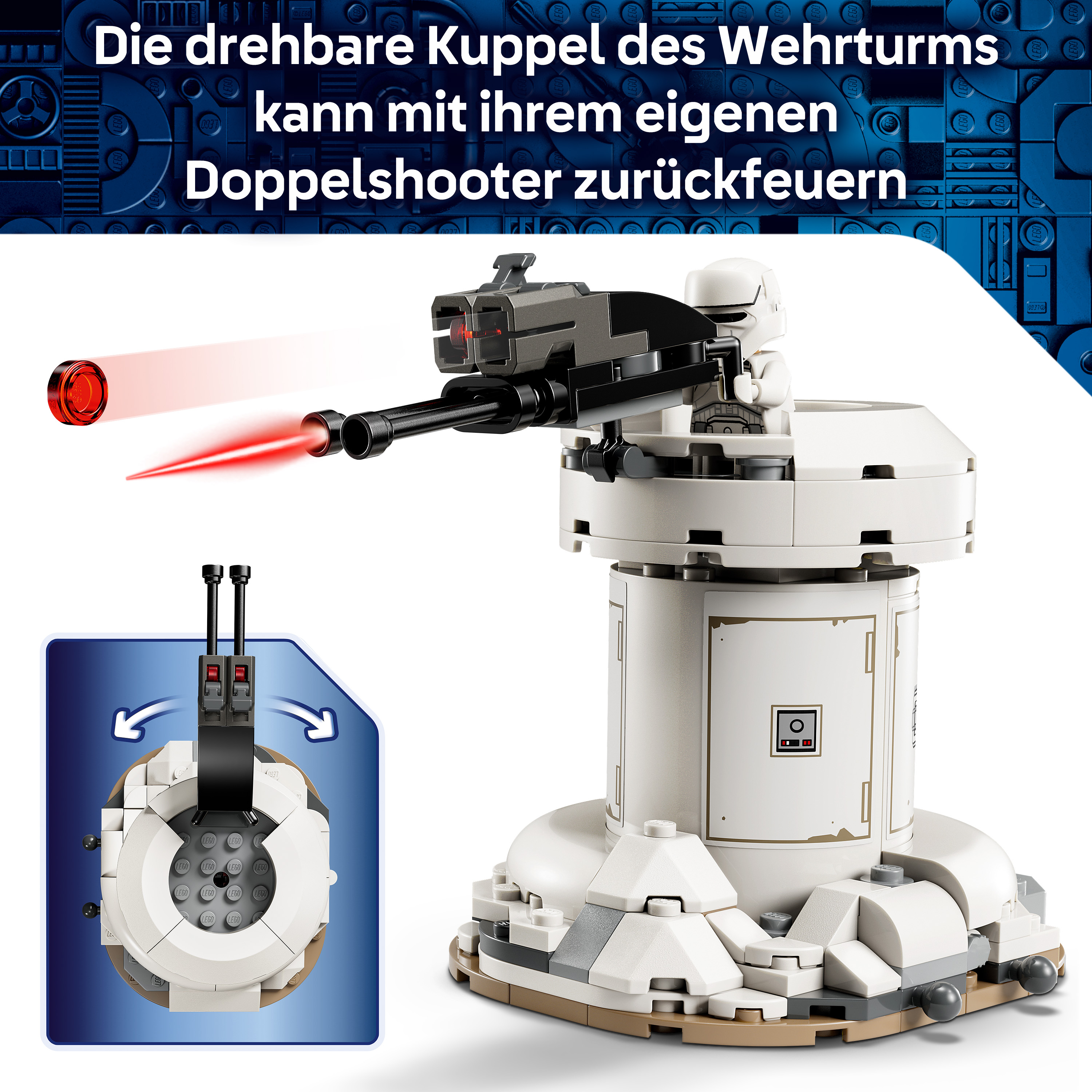 Ein weißer Lego-Turm mit drehbarer Kuppel und Doppelschießer.