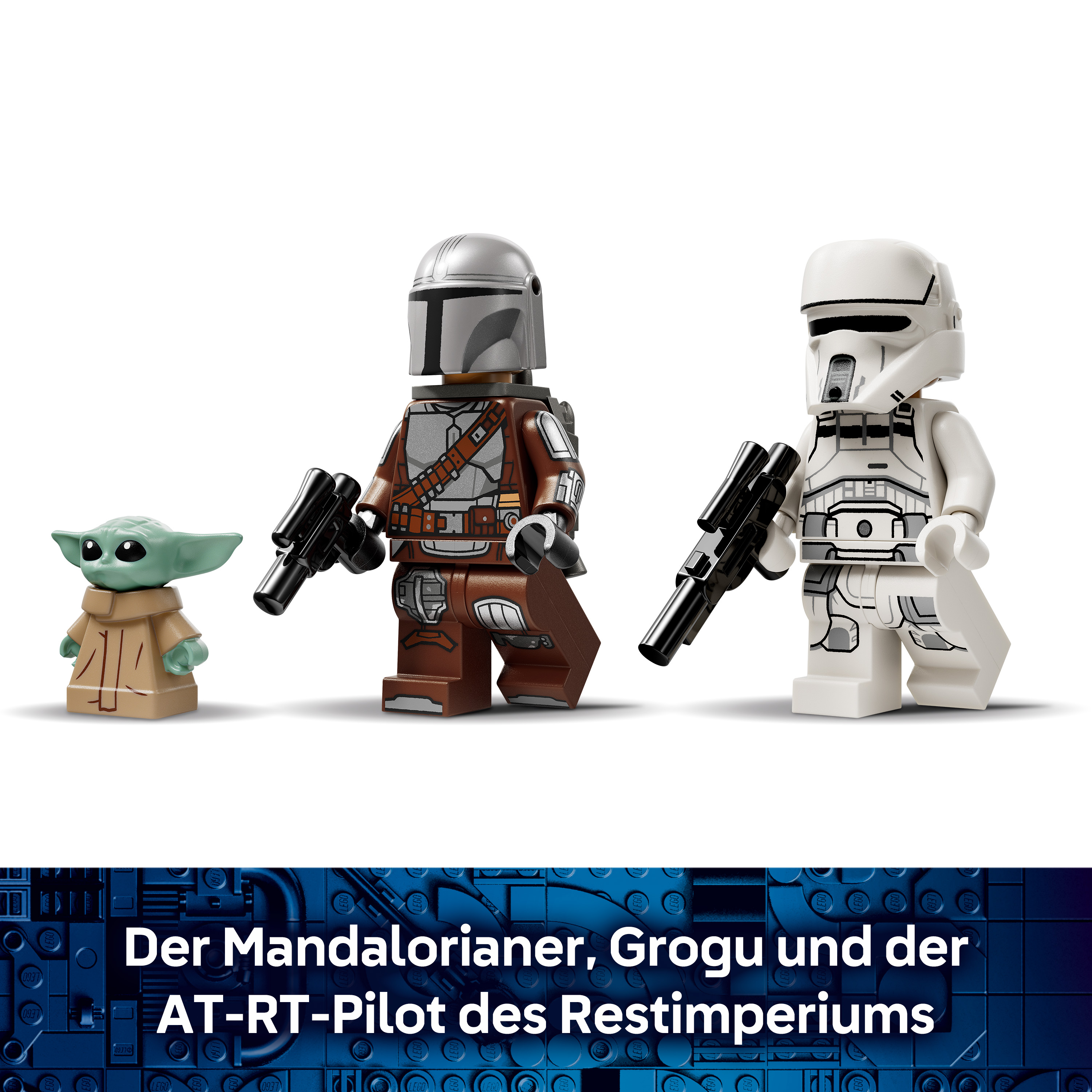 Drei Lego-Figuren: Grogu, Mandalorianer und AT-RT-Pilot.