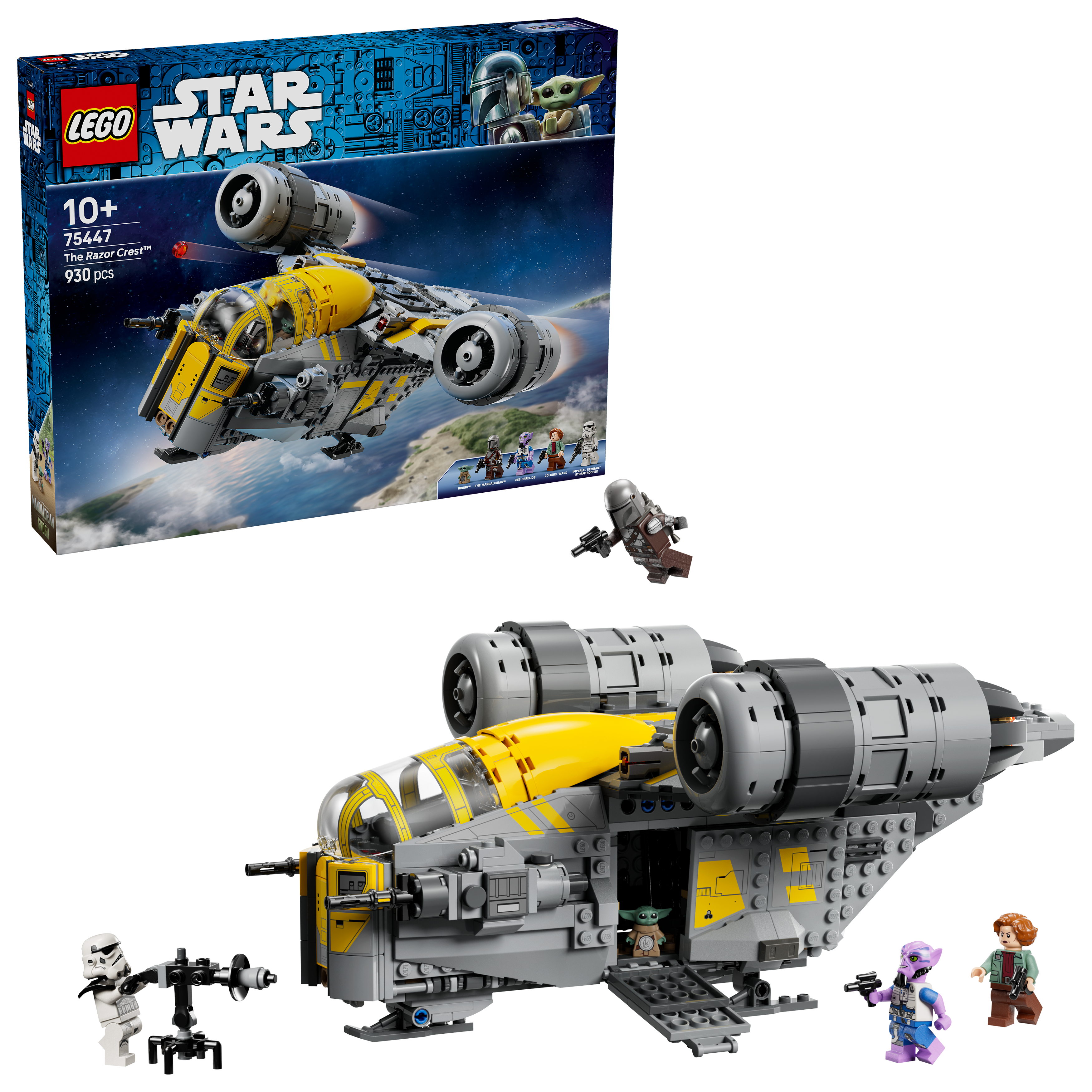 Statek LEGO Star Wars Razor Crest z figurkami na czarnym tle.