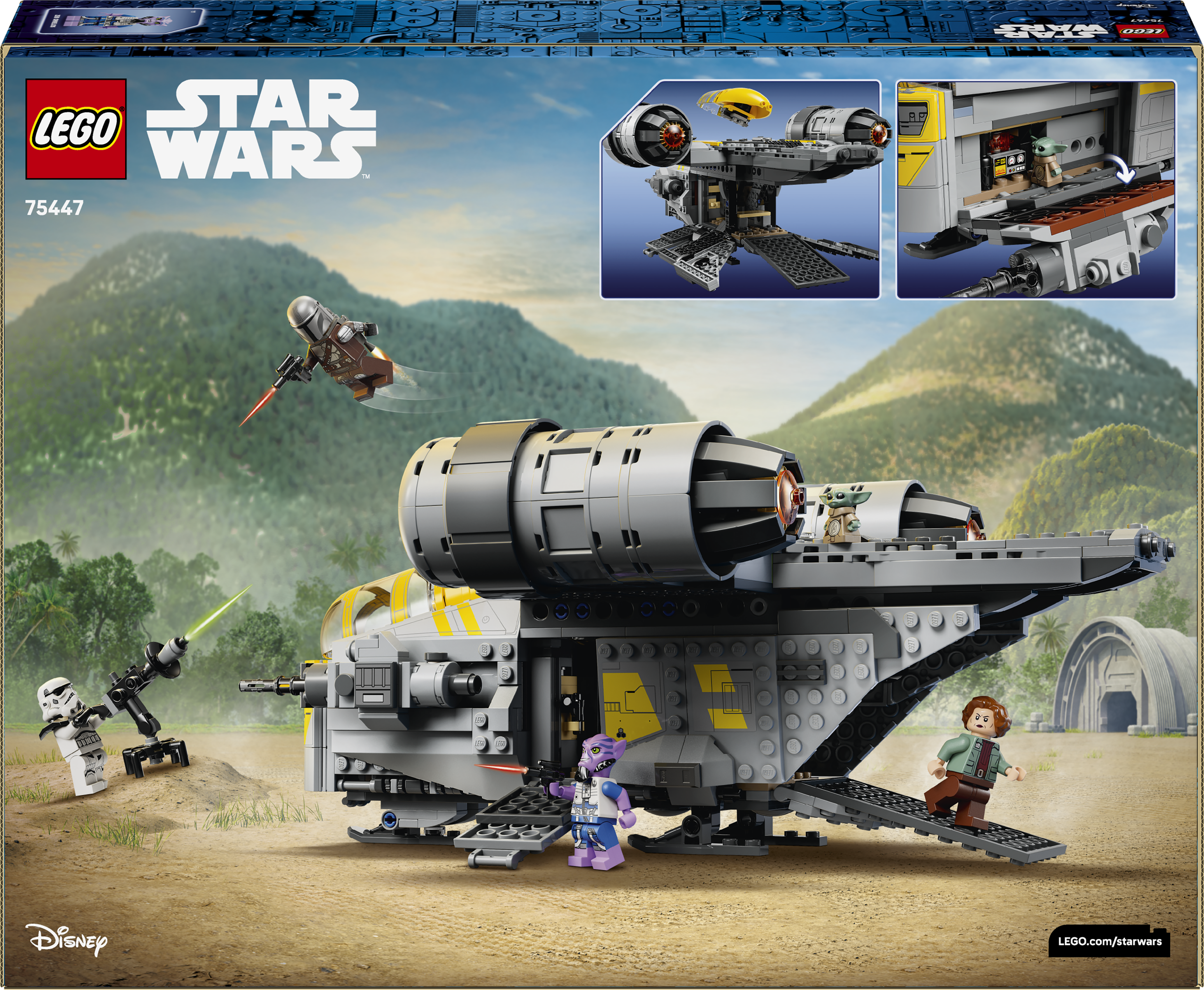 Statek LEGO Star Wars z minifigurkami i tłem dżungli.
