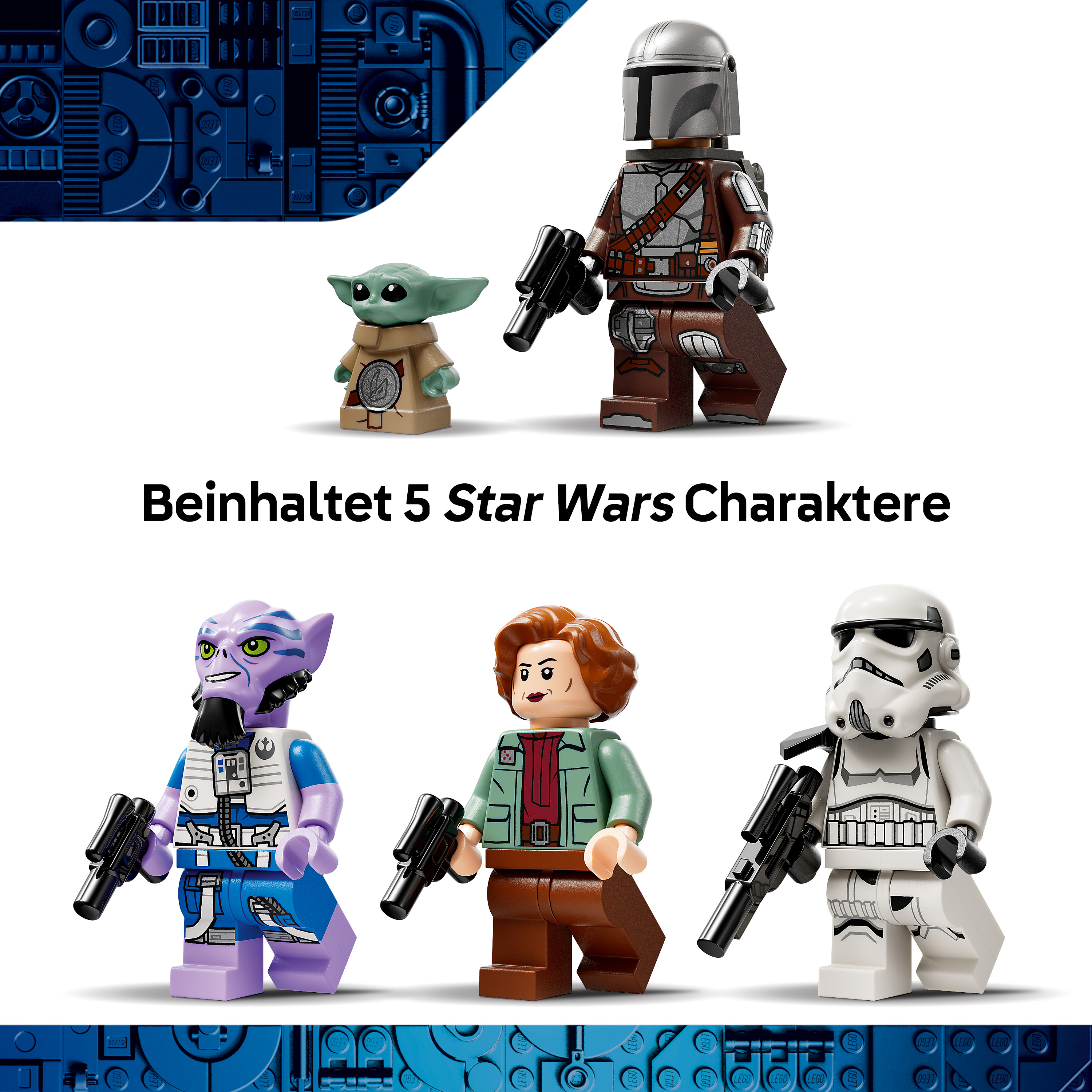 Lego-Figuren: Mandalorianer, Grogu, ein violetter Alien, eine Frau und ein Sturmtruppler.