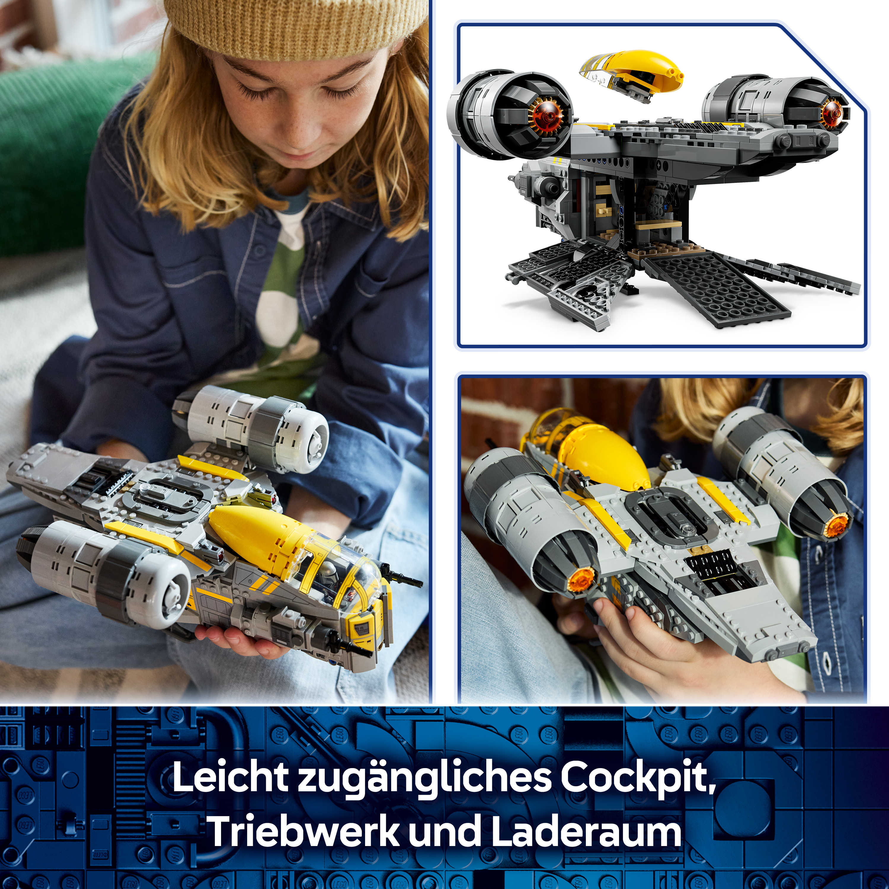 Kind hält graues und gelbes Raumschiff-Spielzeug vor weißem Hintergrund.