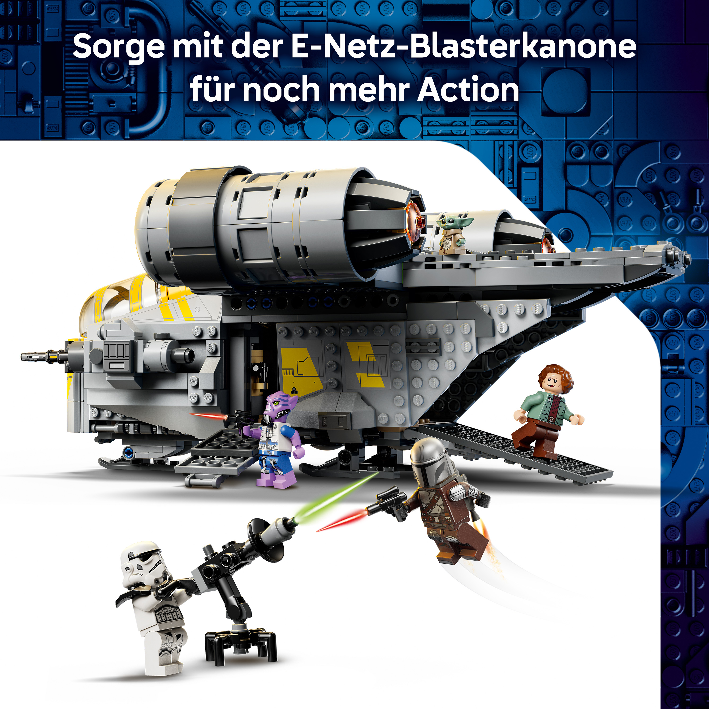 LEGO-Raumschiff mit Figuren und Laserkampf vor blauem Hintergrund.