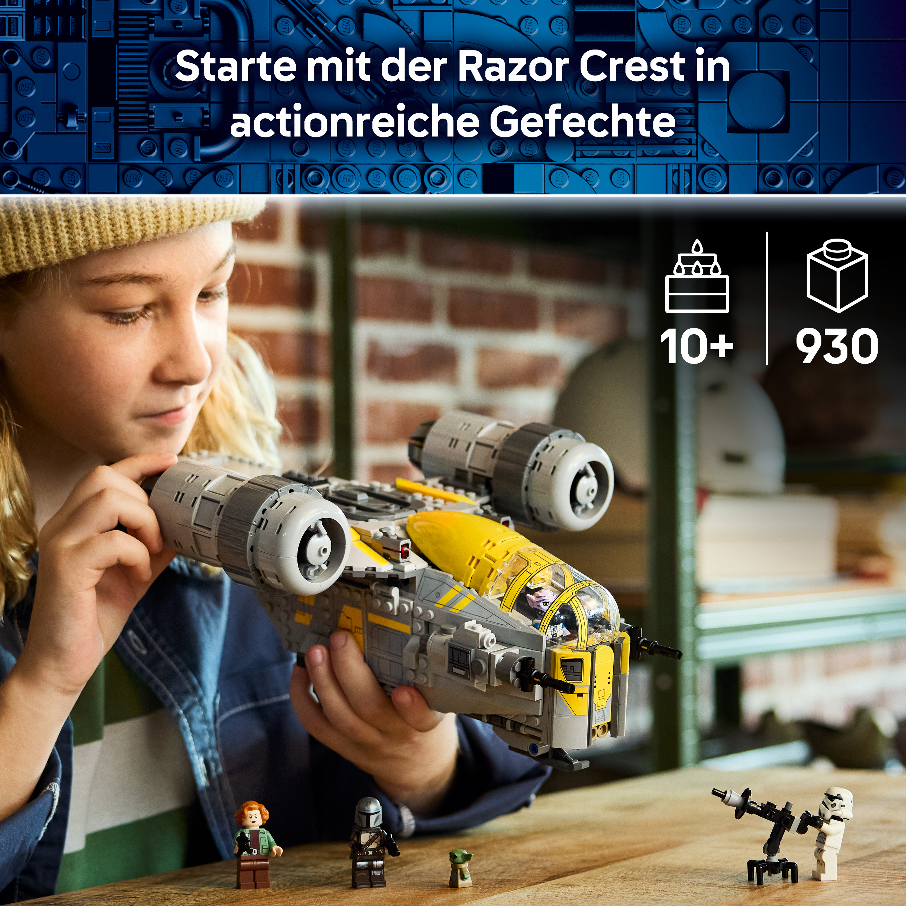 Kind hält Lego Razor Crest. Enthält 10+ Minifiguren und 930 Teile.