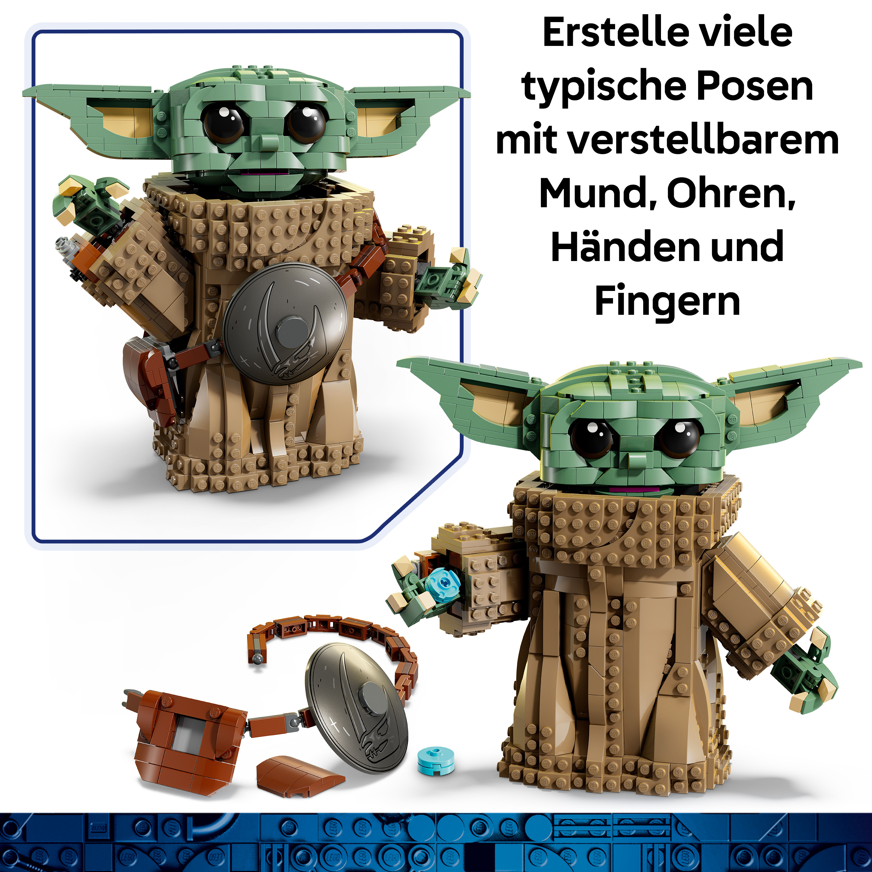 Ein Lego-Modell von Baby Yoda mit verstellbaren Gliedmaßen steht auf einem Sockel.