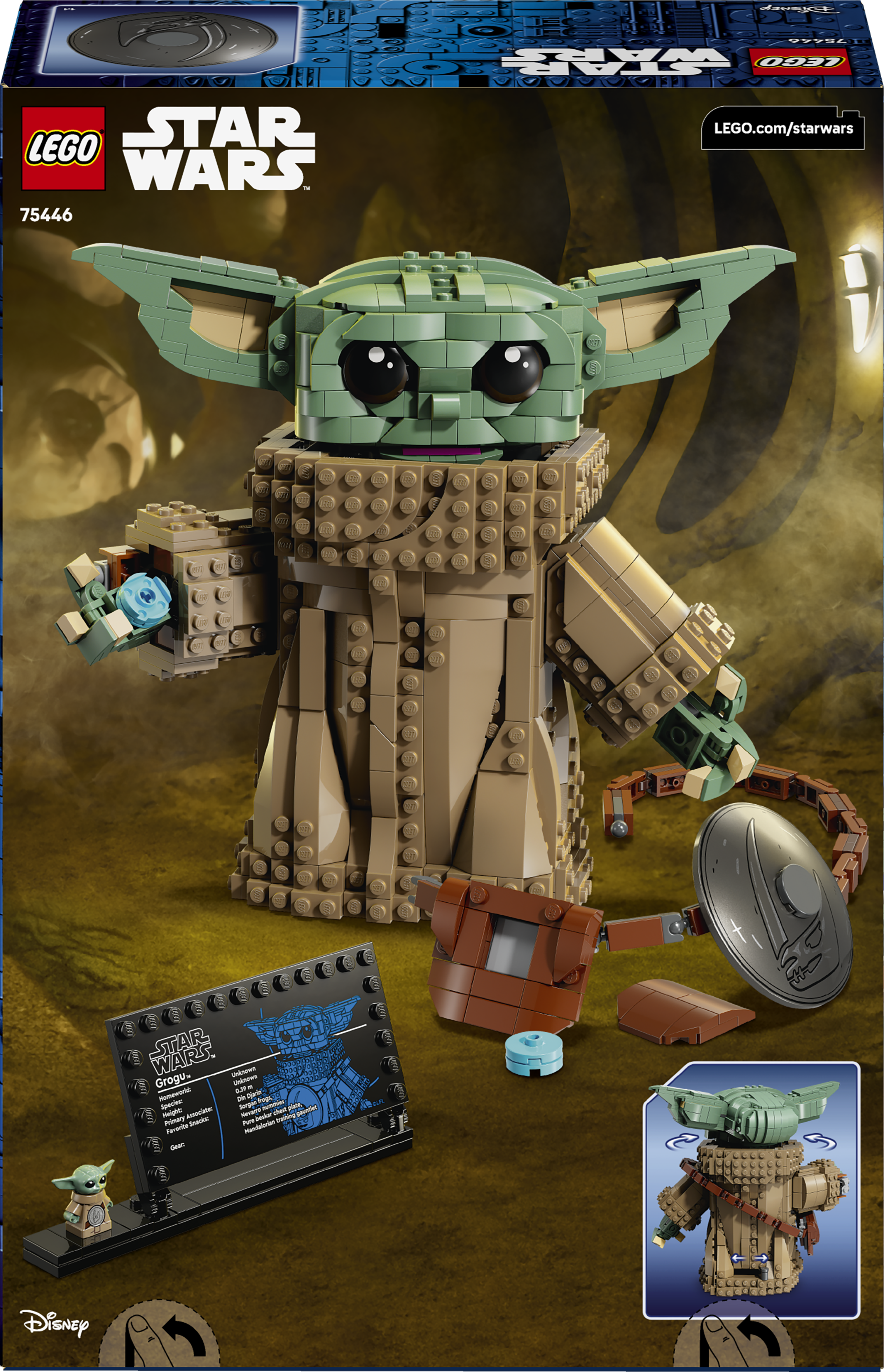 Figurka Lego Star Wars Grogu z akcesoriami i tablicą informacyjną.