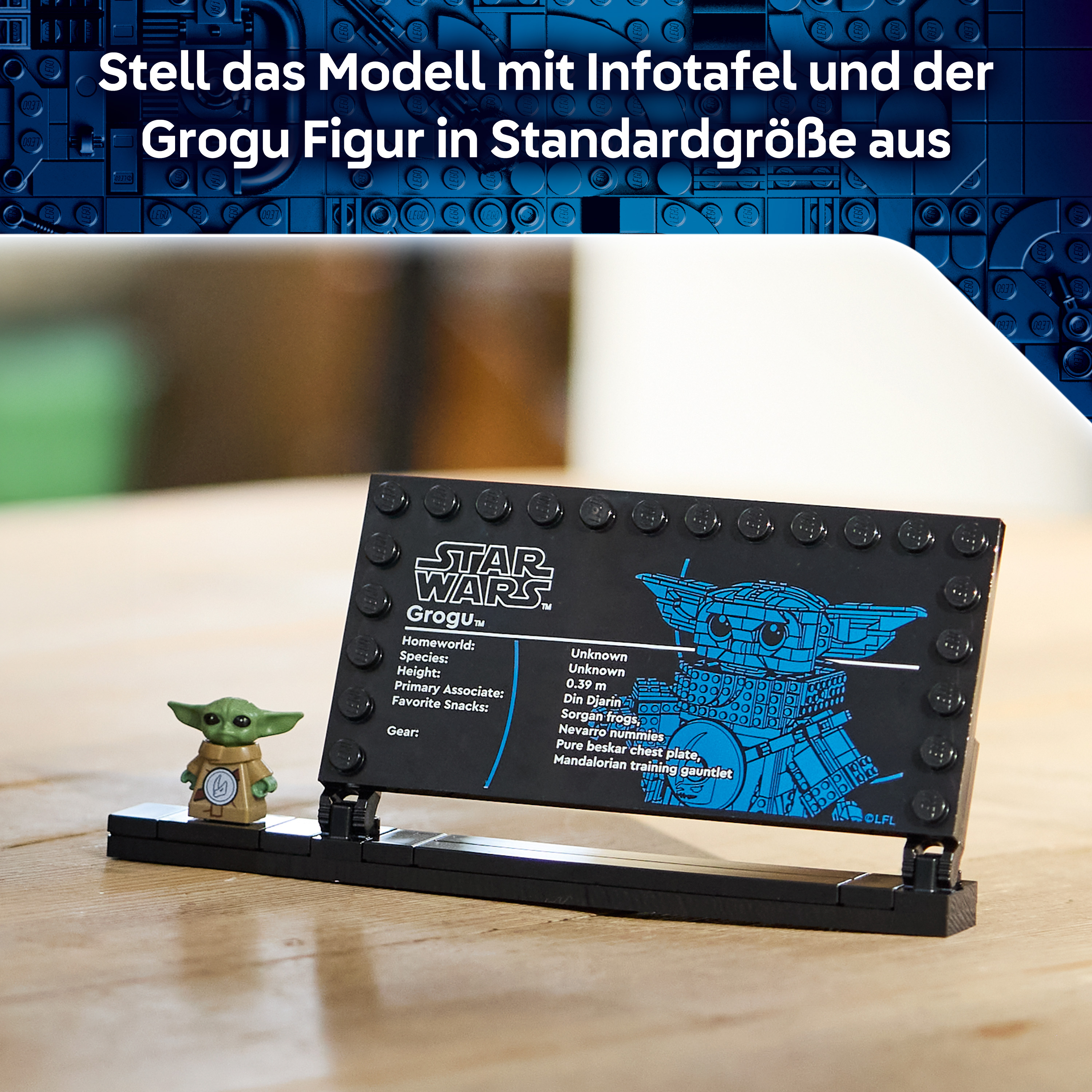 Ein Star Wars Grogu Lego-Modell mit einer Infotafel.