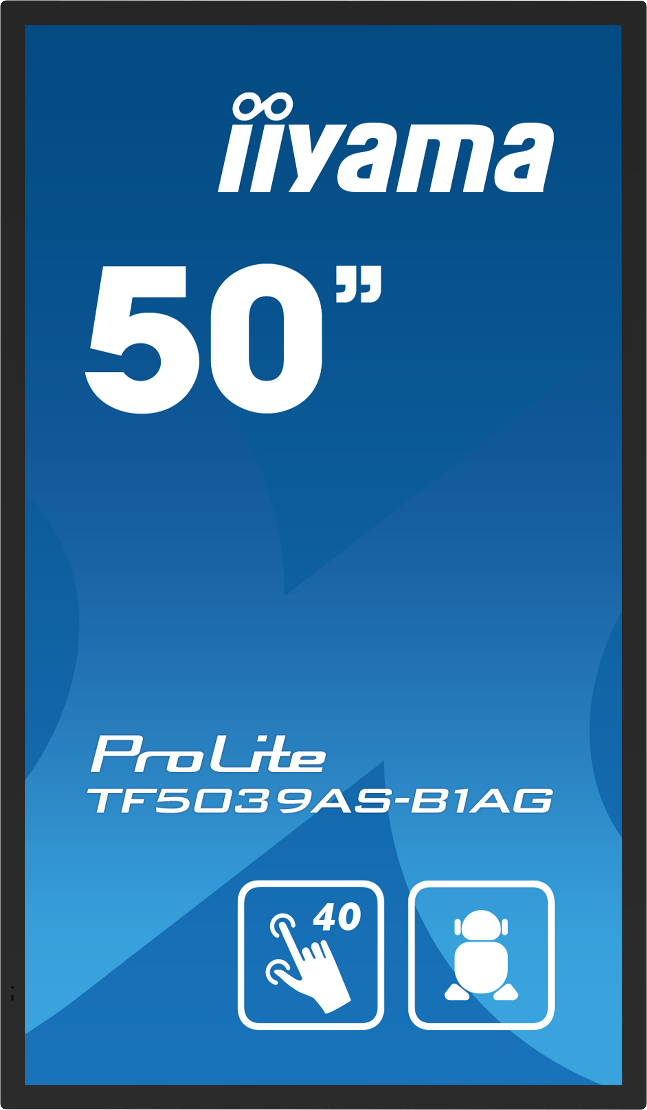 Iiyama 50 Zoll ProLite Monitor mit Touchscreen und Lautsprechersymbolen.