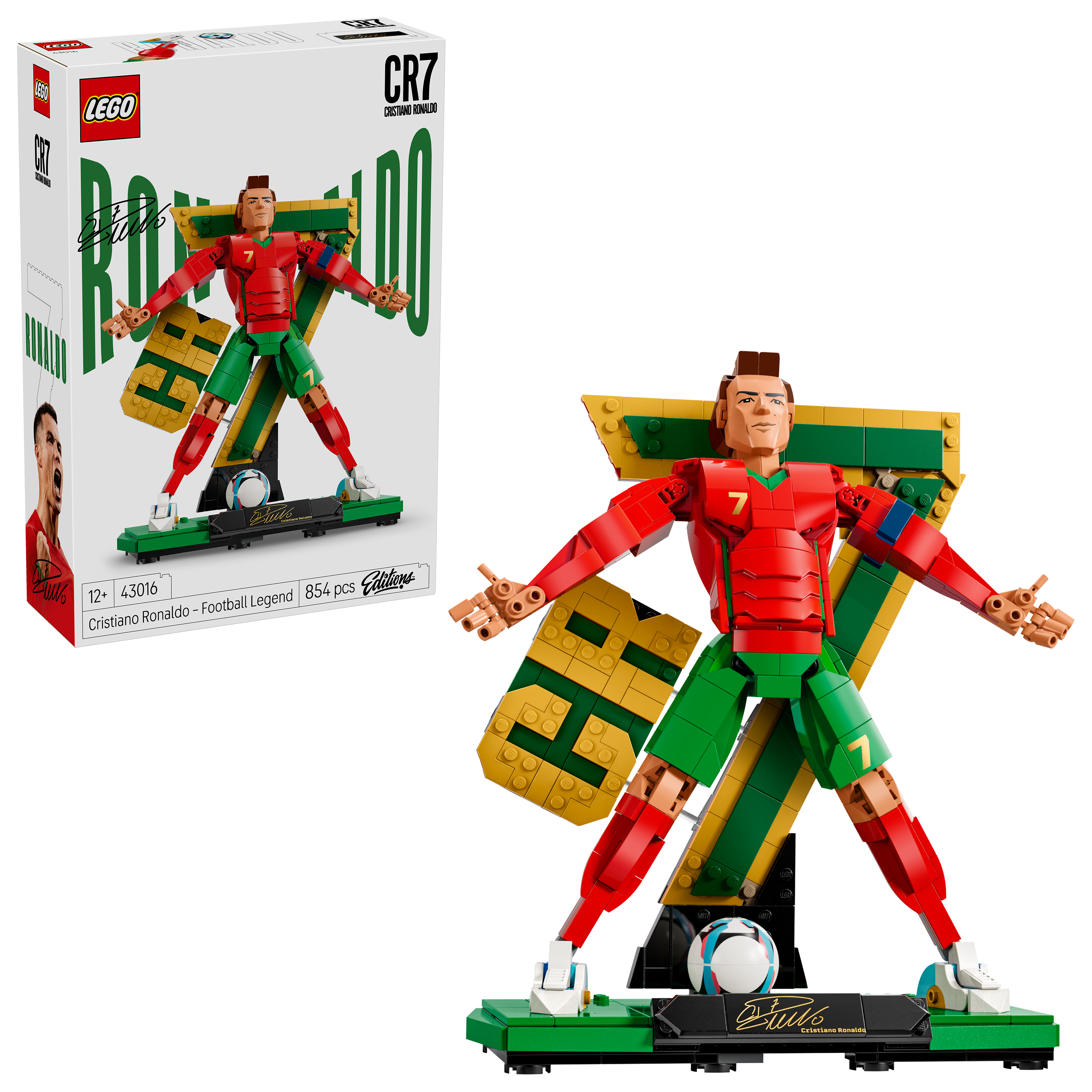 Model Lego Cristiano Ronaldo w czerwono-zielonym stroju, z piłką i pudełkiem.