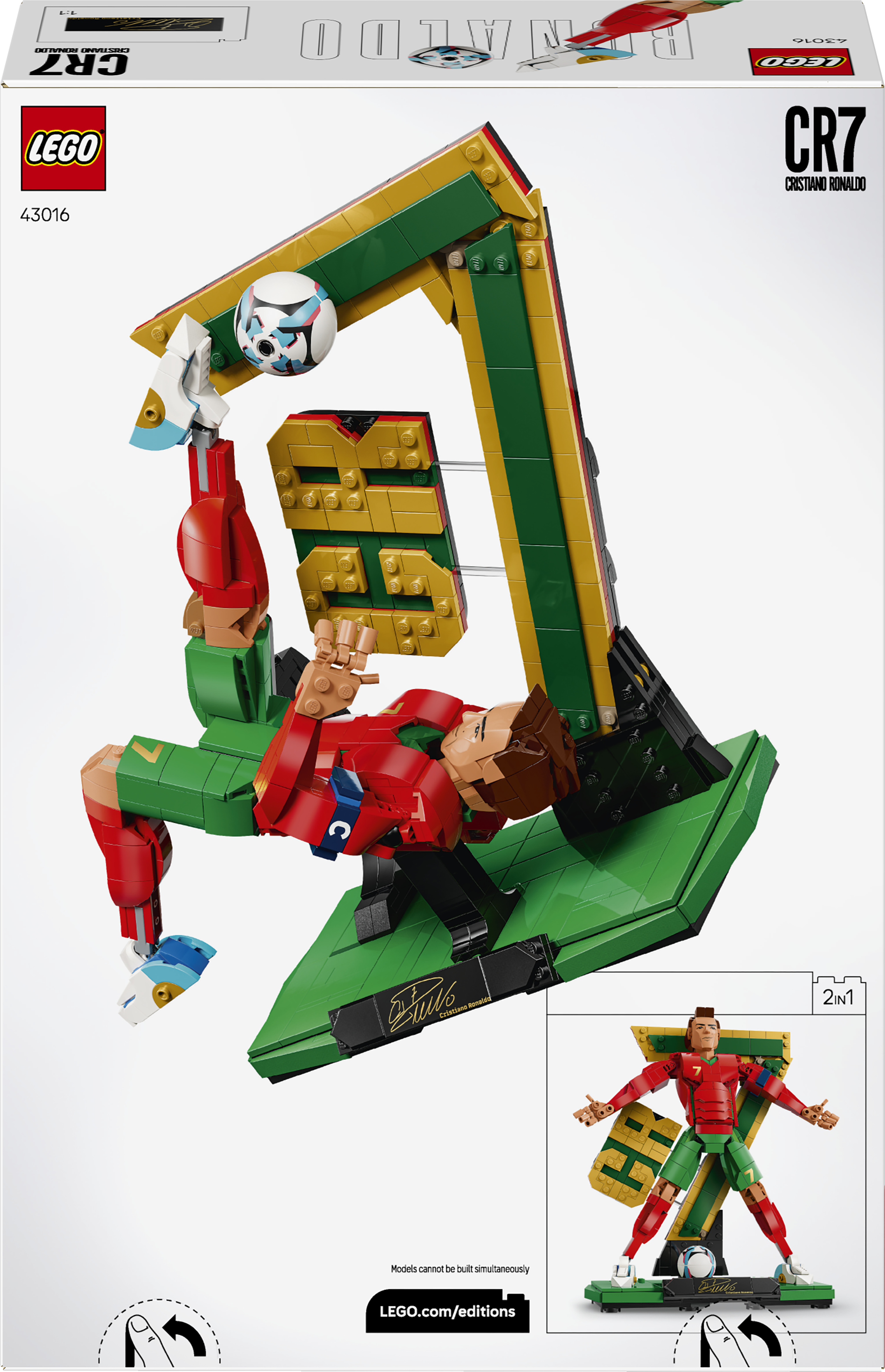 Zestaw LEGO Cristiano Ronaldo, pokazujący go w akcji z piłką i numerem 7.